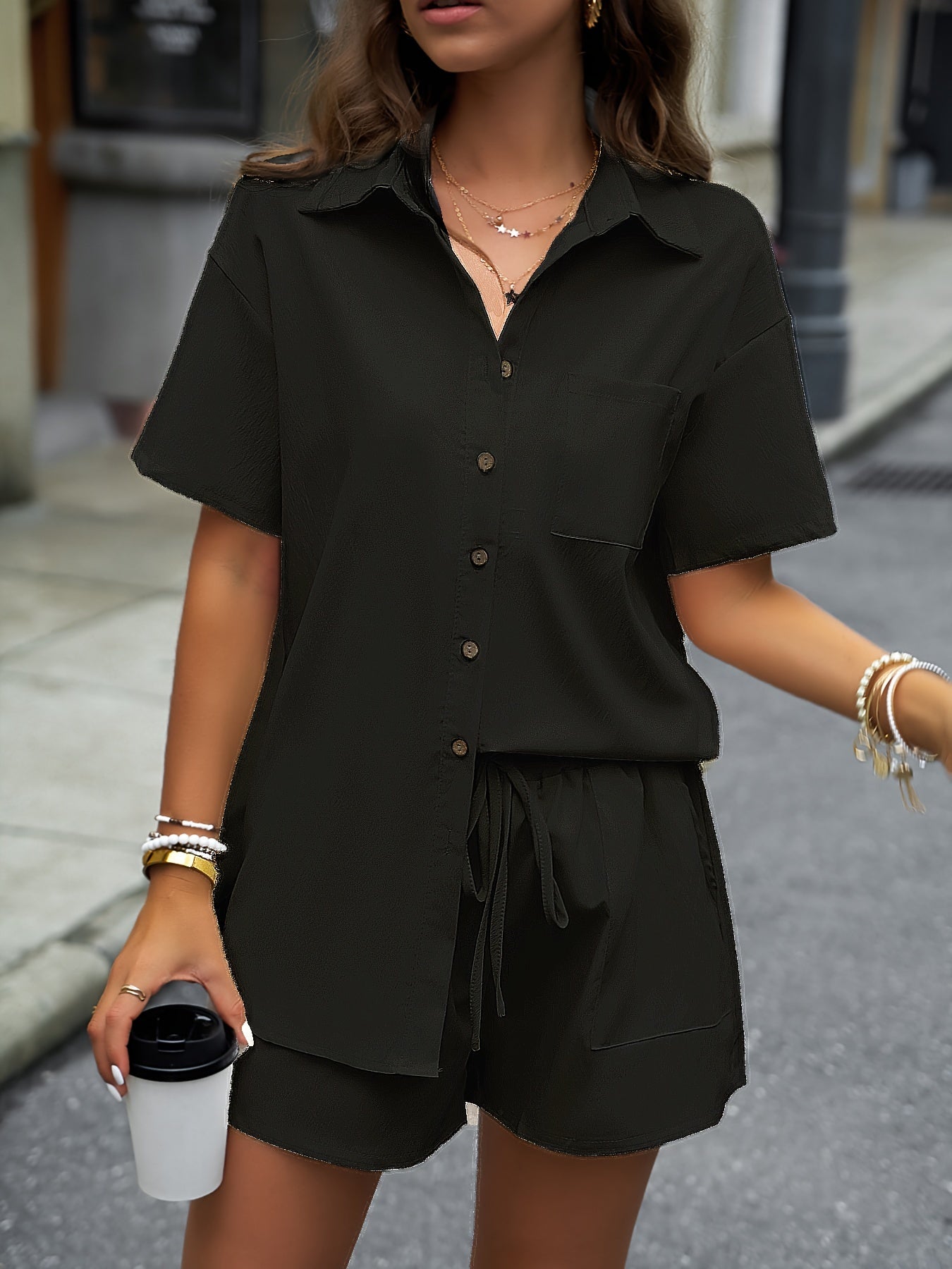 Solid Casual Two-piece Set, Button Front Turn Down Collar Mid Length Shirt & Drawstring Elastic Waist Shorts Outfits, Women's Clothing