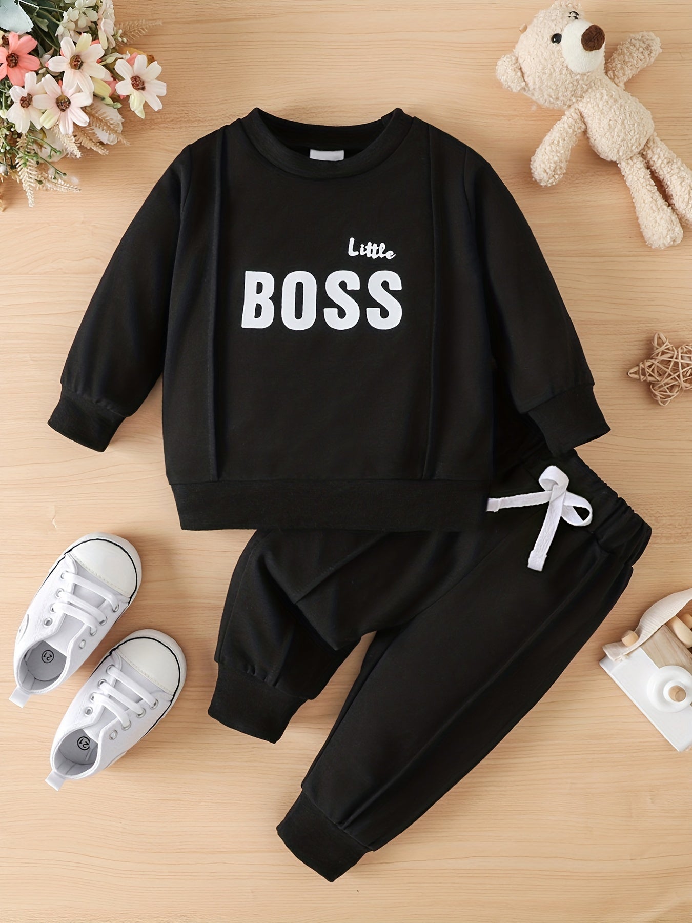 Toddler Baby Boy's KING Letter Assorted Print Long Sleeve Sweatshirt & Trousers Set, Casual Fall Winter Kid's Tracksuit