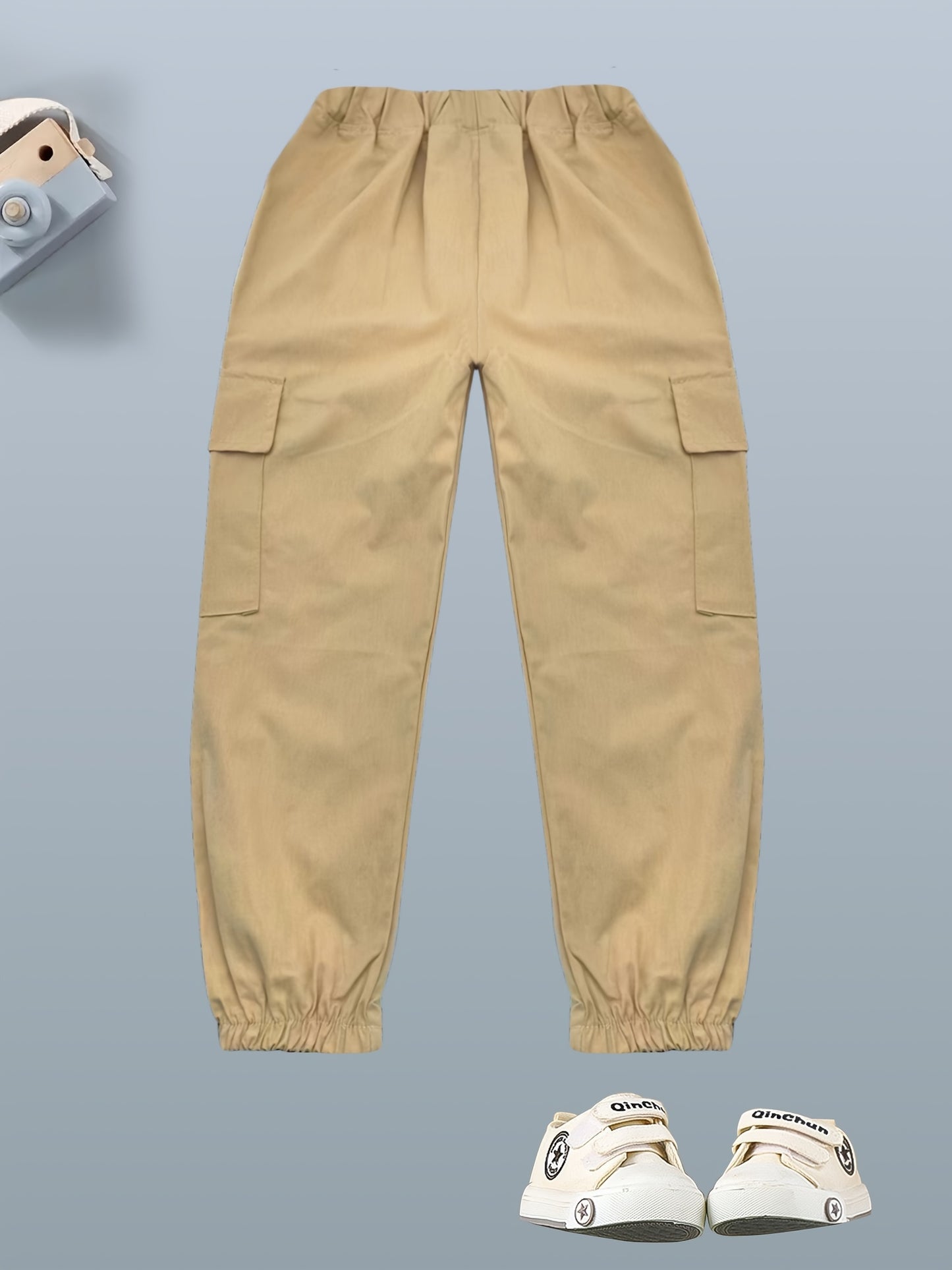 Kid's Cotton Cargo Pants, Elastic Waist Trousers With Pockets, Boy's Clothes For Spring Fall Winter