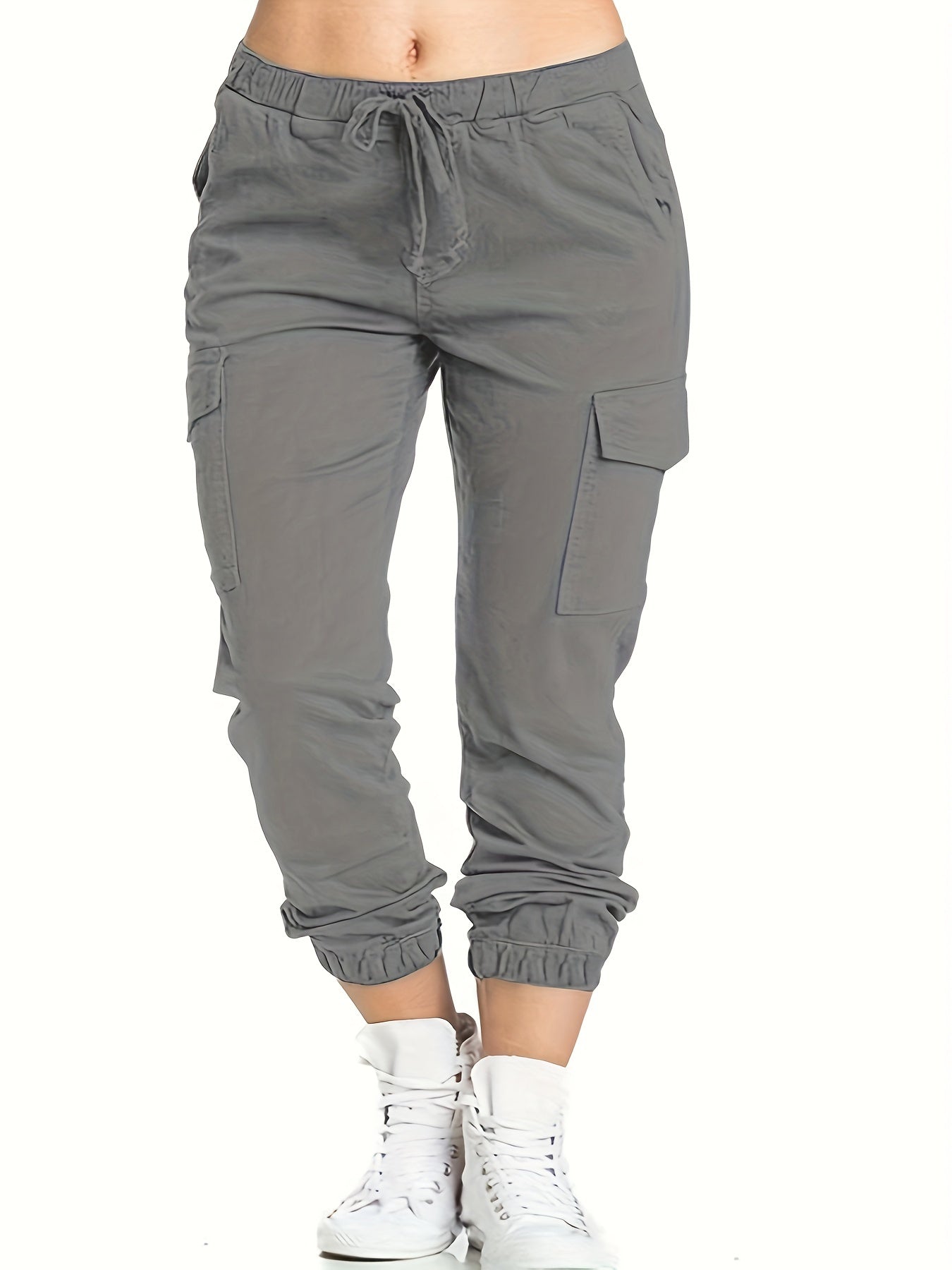 Plus Size Casual Pants, Women's Plus Solid Elastic Drawstring Flap Pockets Tapered Leg Cargo Pants