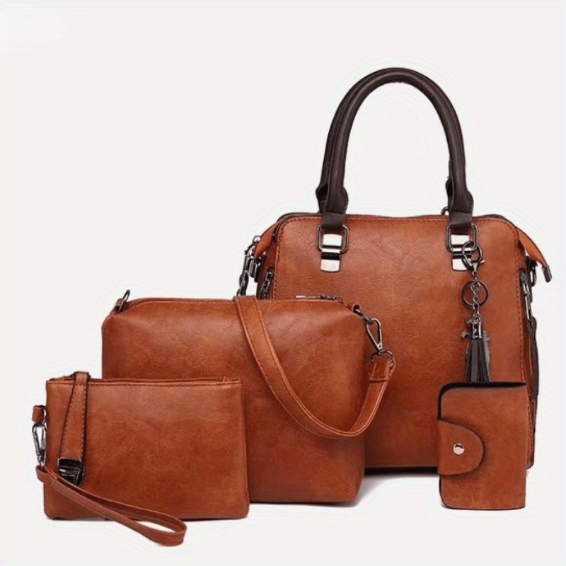4pcs Pendant Tote Bag Crossbody Bag Card Holder Set, PU Leather Retro Shoulder Bag, Casual Versatile Commuter Bag