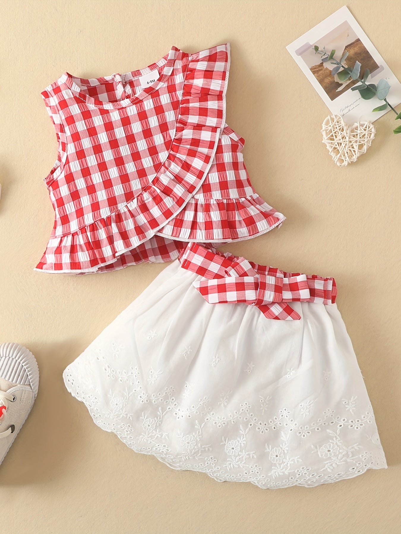 Baby Girls Casual Cute Ruffled Plaid Print Top & Lace Hem Skirt Set For Summer Holiday