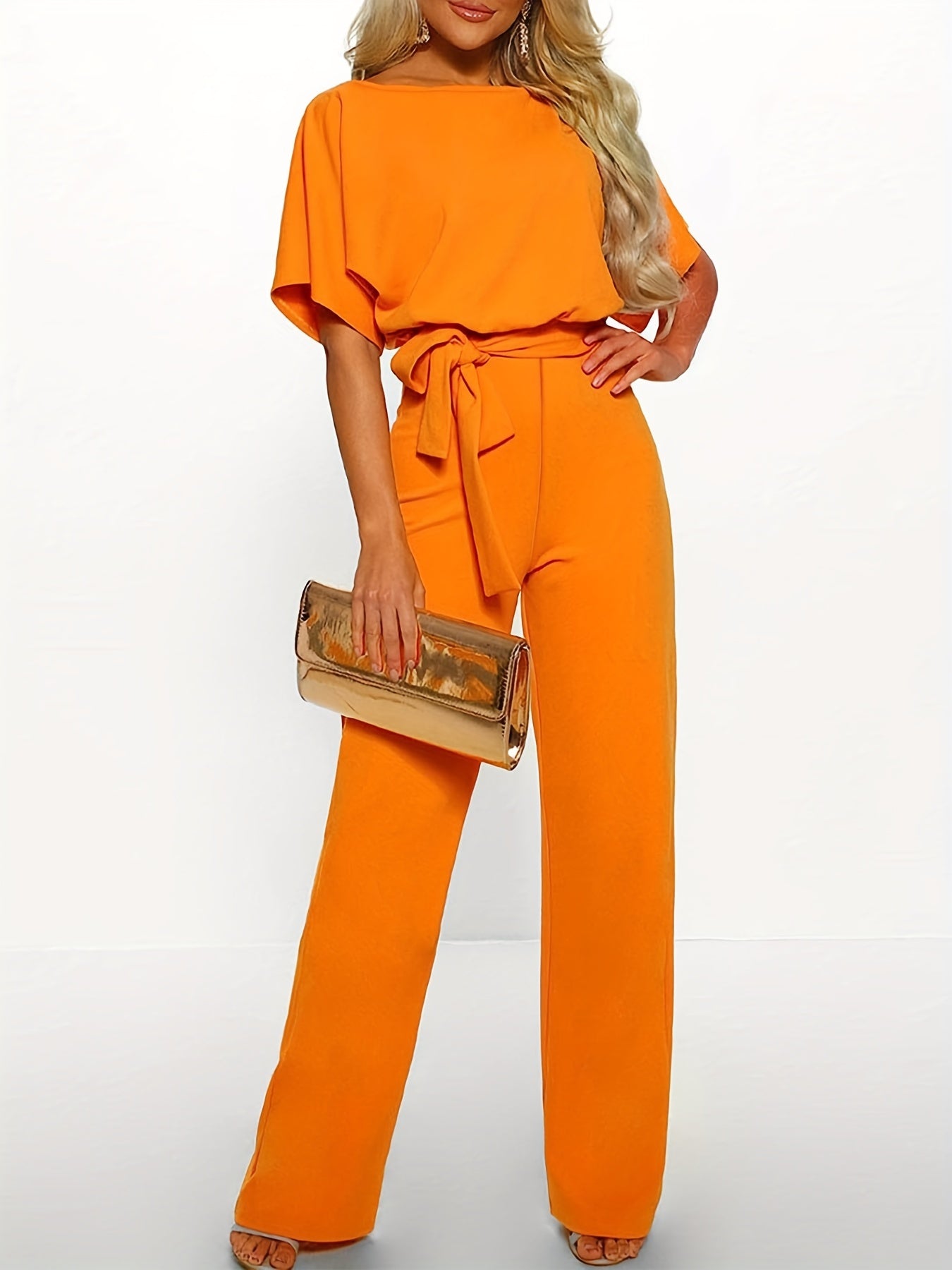 Tie Waist Straight Leg Jumpsuit, Casual Short Sleeve Jumpsuit For Spring & Summer, Women's Clothing
