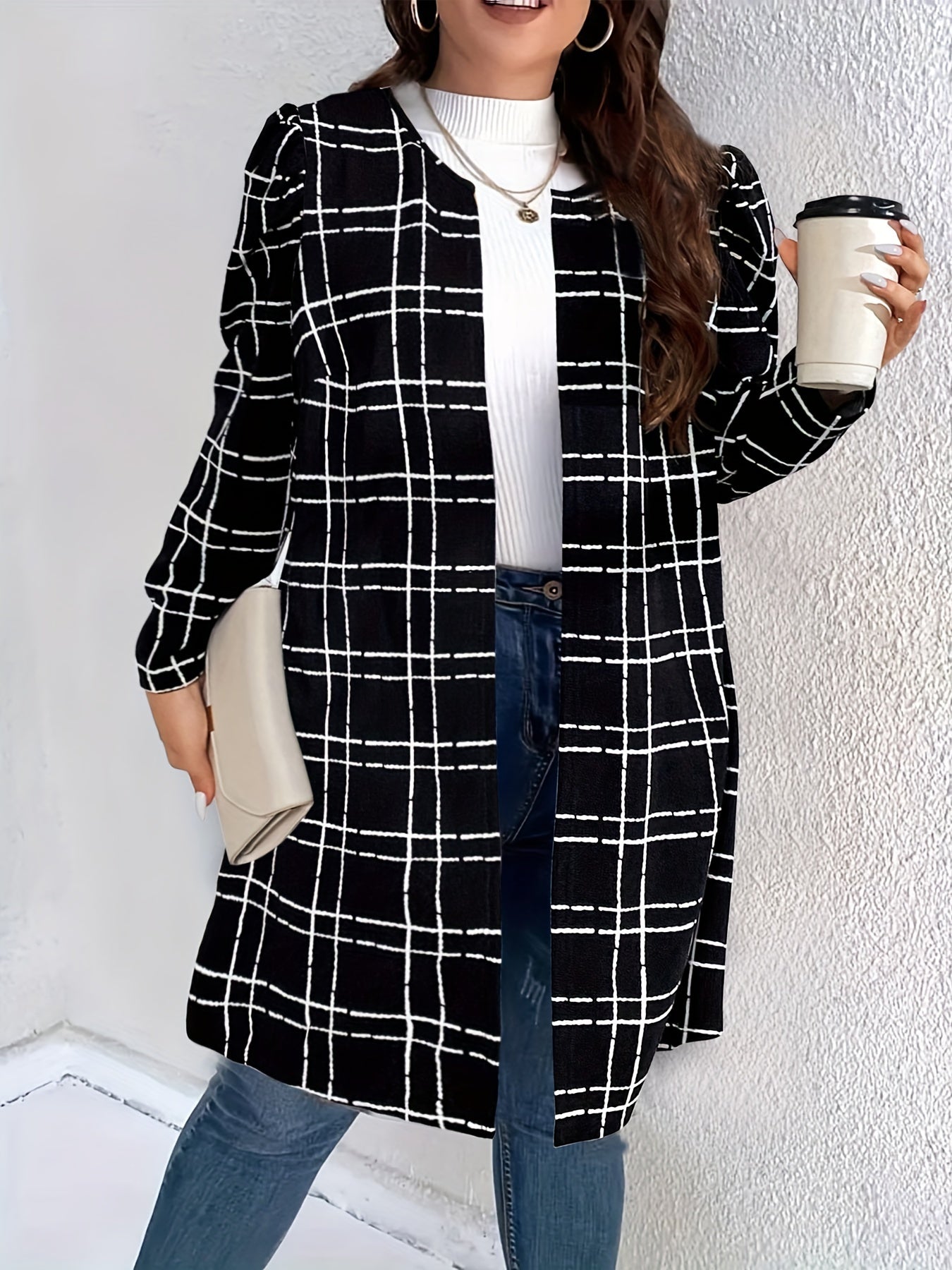 Plus Size Casual Coat, Women's Plus Grid Print Long Sleeve Open Front Round Neck Tunic Coat