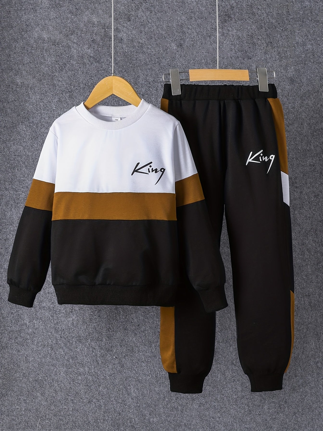 Boy's Color Clash 2pcs, Sweatshirt & Sweatpants Set, KING Print Long Sleeve Top, Casual Outfits, Kids Clothes For Spring Fall