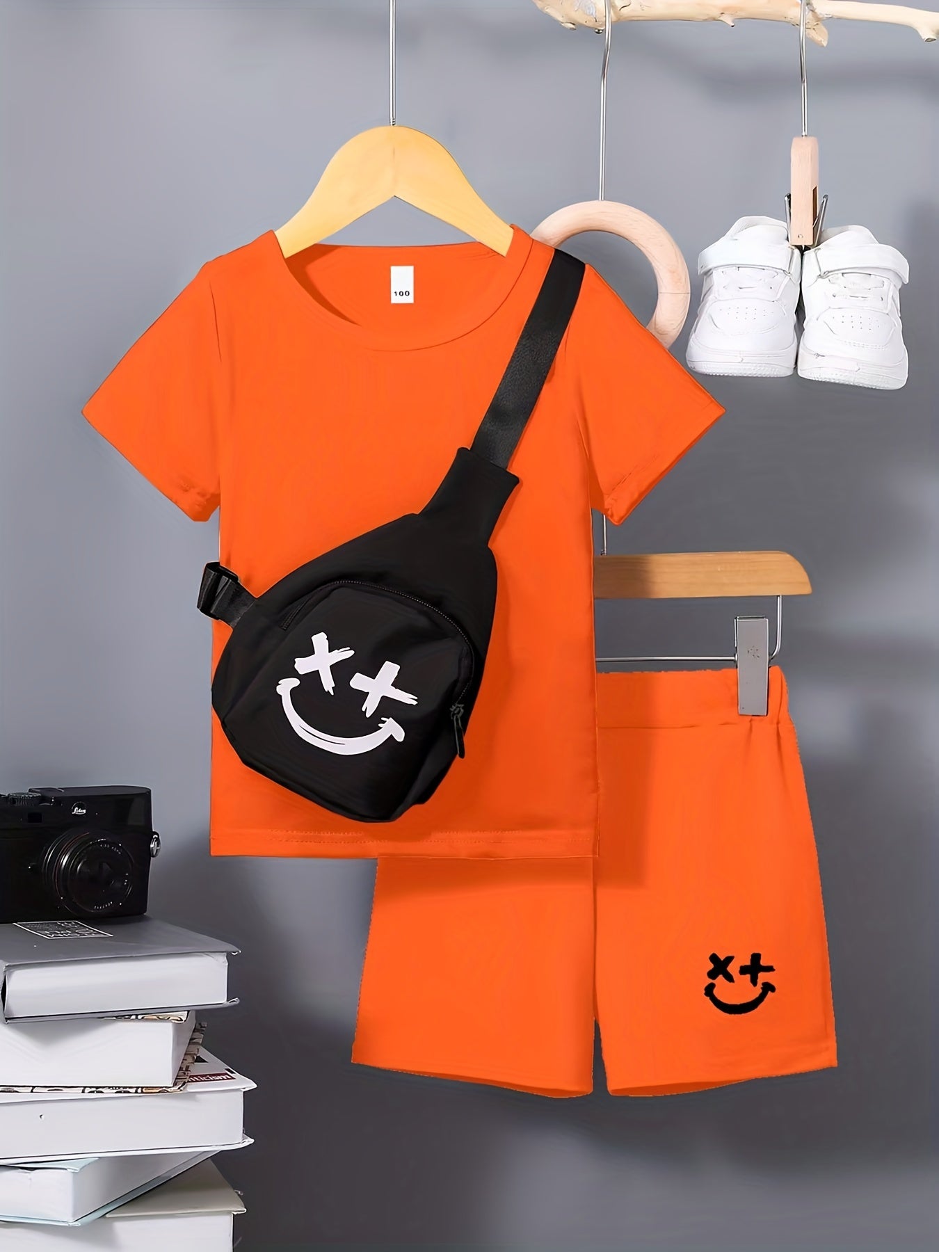 3pcs Boys Casual Solid Short Sleeve T-shirt & Smile Face Print Shorts & Crossbody Bag Set, Comfy Summer Kids Clothing