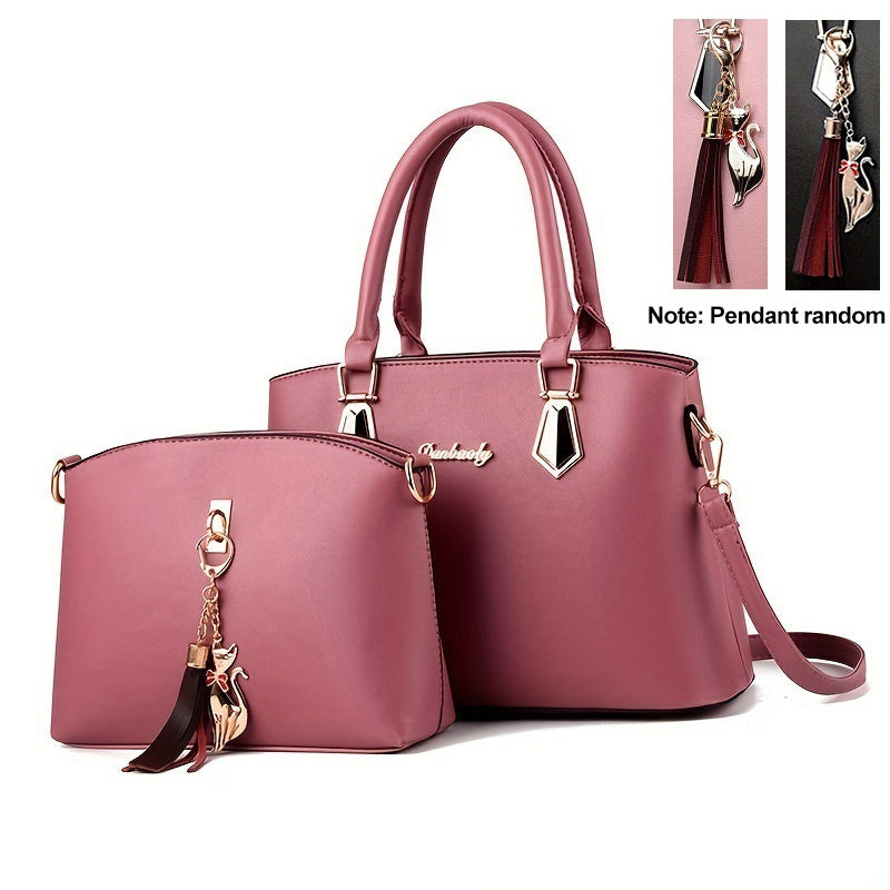 2pcs PU Leather Bag Set, Tassel Decor Handbag & Crossbody Bag, Women's Office & Work Purse