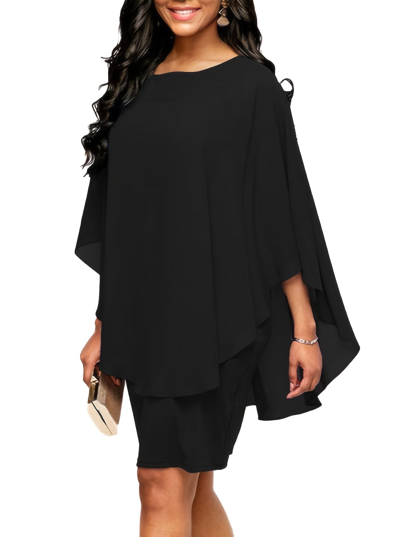 Plus Size Solid Round Neck 3/4 Sleeve Cape Midi Dress, Women's Plus Elegant Slight Stretch Cape Midi Dress