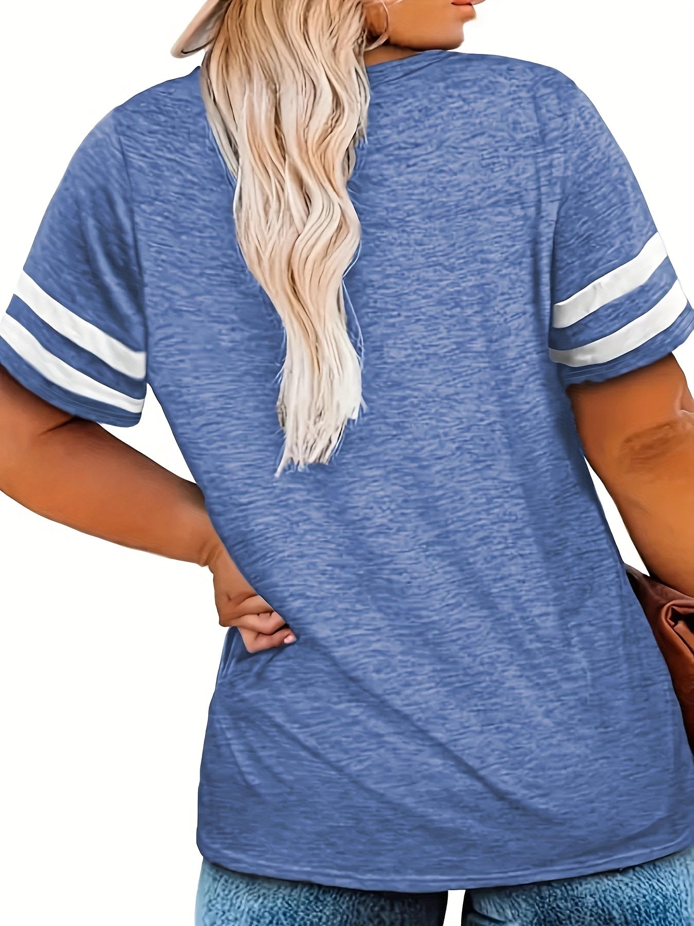 Plus Size Colorblock V Neck T-shirt, Women's Plus Slight Stretch Short Sleeve Casual Tee