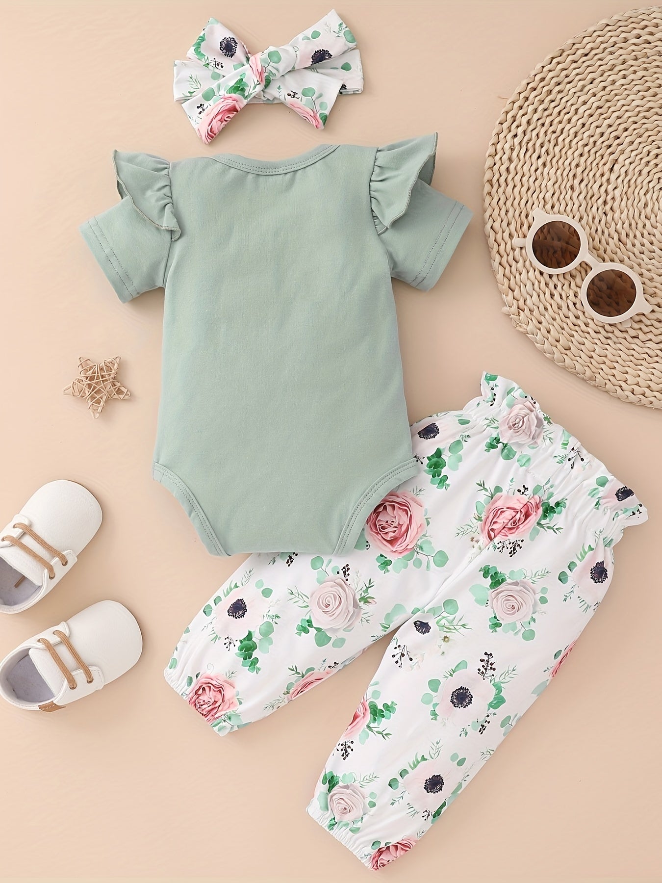 Baby Girls Cotton Short Sleeve Bodysuit Romper + Matching Floral Print Pants + Headband Baby Clothes Summer