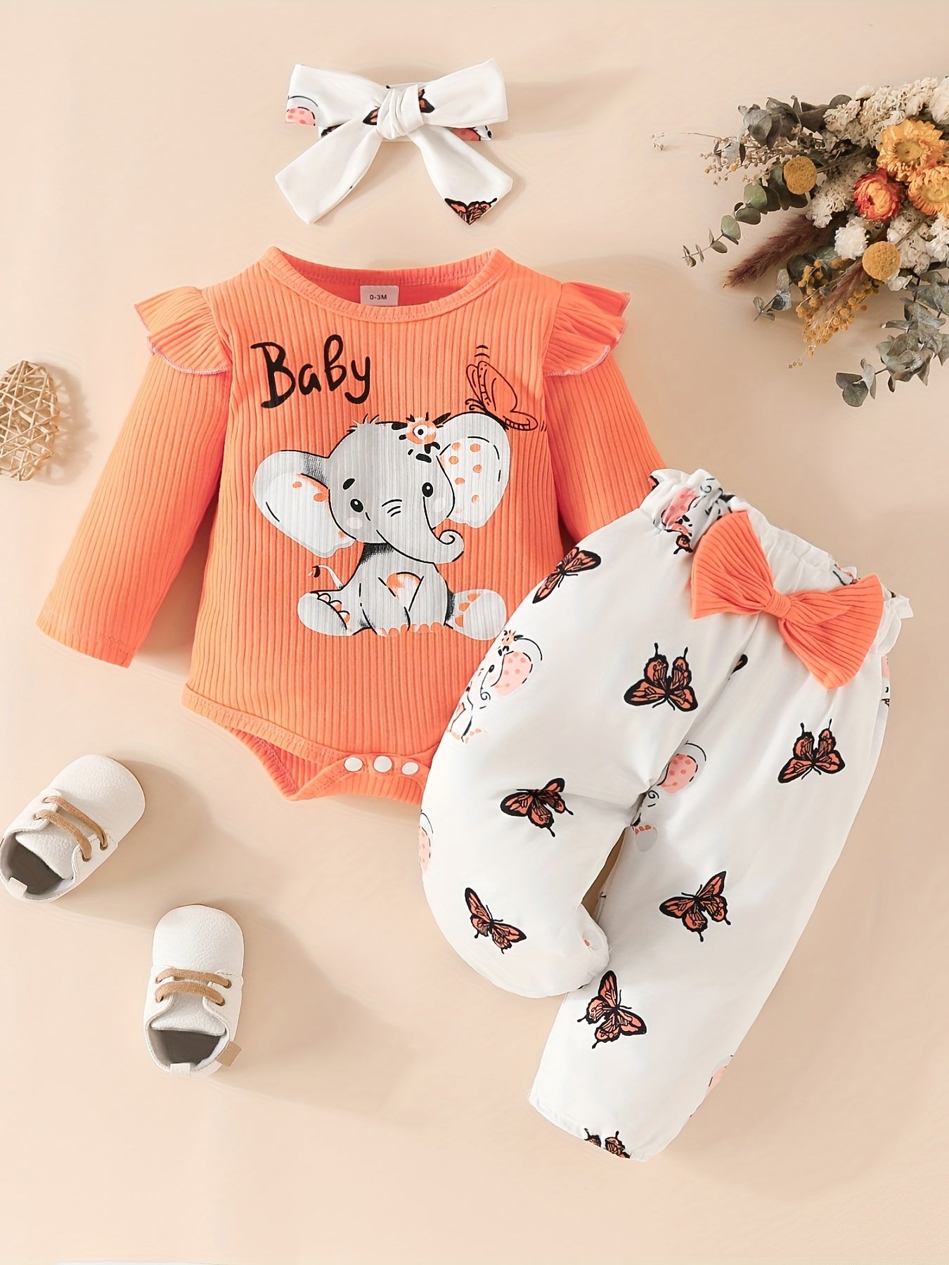 3pcs Cute Elephant Butterfly Graphic Long Sleeve Triangle Romper & Bow Pants & Free Headband Set, Baby Girl's Lovely Casual Outfits Of Multicolor Options