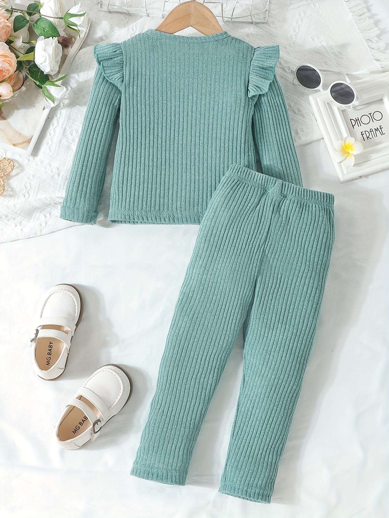 Girl's Solid Color Outfit 2pcs, Ribbed Long Sleeve Top & Pants Set, Kid's Clothes For Spring Fall