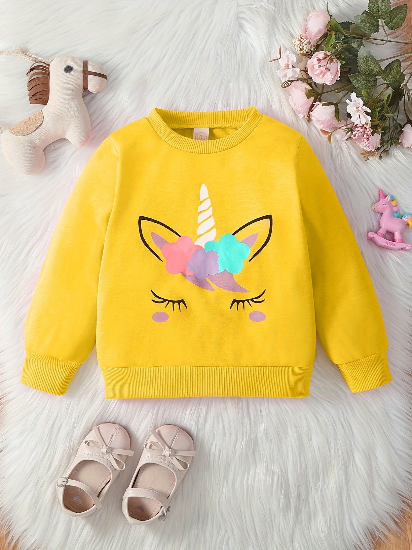 Kid's Cartoon Floral Pattern Sweatshirt, Casual Long Sleeve Top, Toddler Girl's Clothes For Spring Fall