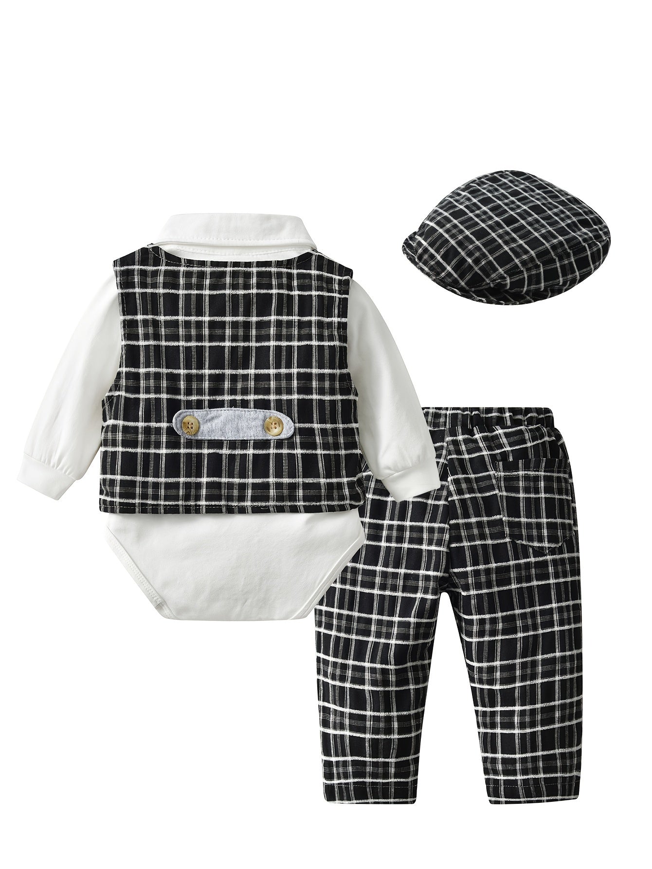 Gentleman Style Baby Boys Cotton Outfit -  Lapel Button Down Bow Plaid Fake Two-Piece Vest Romper + Plaid Pants + Hat 3pcs Suit - Birthday Party Wedding Dress Up