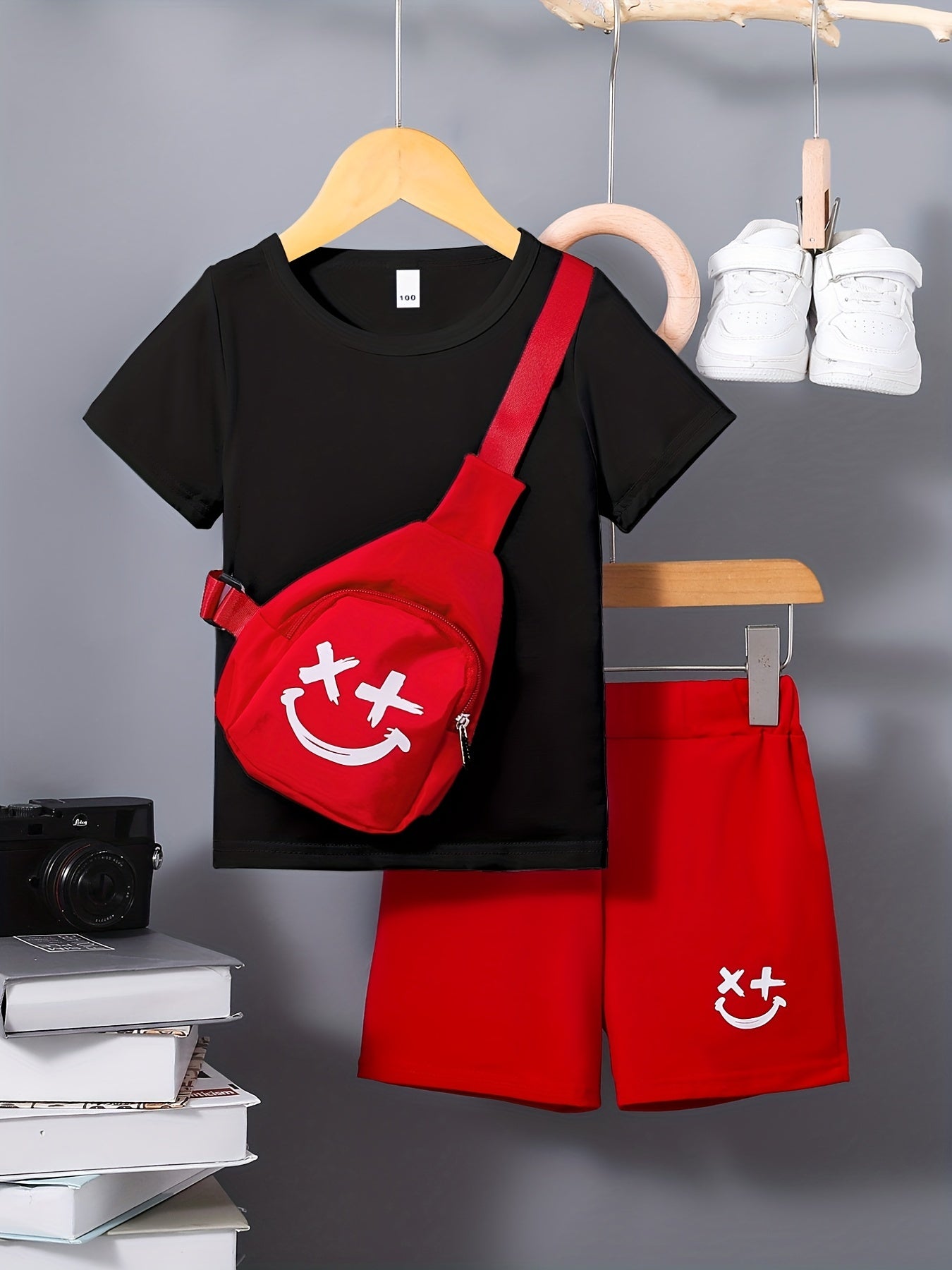 3pcs Boys Casual Solid Short Sleeve T-shirt & Smile Face Print Shorts & Crossbody Bag Set, Comfy Summer Kids Clothing