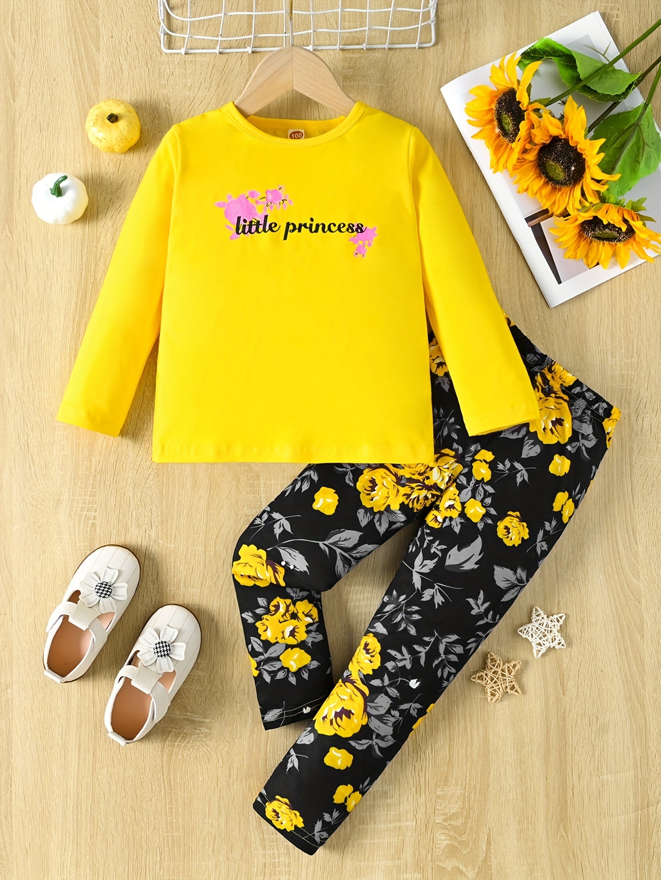 Girl's Floral Pattern Outfit 2pcs, Long Sleeve Top & Leggings Set, LITTLE PRINCESS Print Kid's Clothes For Spring Fall