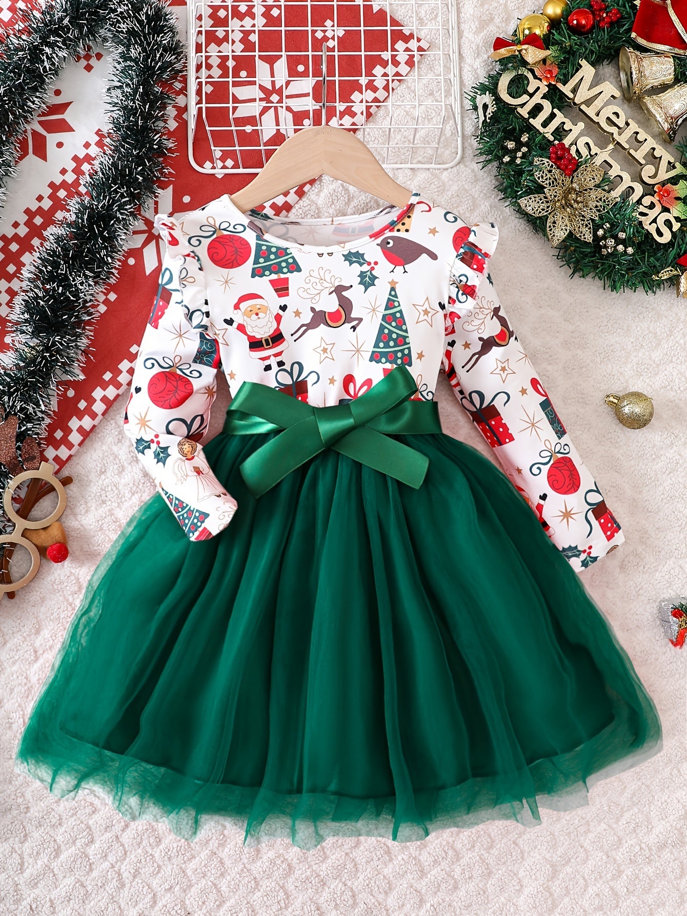 Christmas Girls Tulle Splice Long Sleeve Tutu Dress, Cute & Smart Holiday Party Dresses Outfit For Kids/ Toddlers, Gift Choice