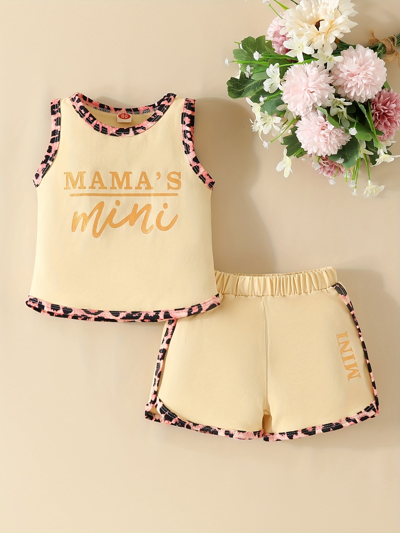 Baby Girls Pink "MAMA'S Mini" Print Stitching Leopard Tank Top & Shorts Set, Cute Casual Summer Outfit