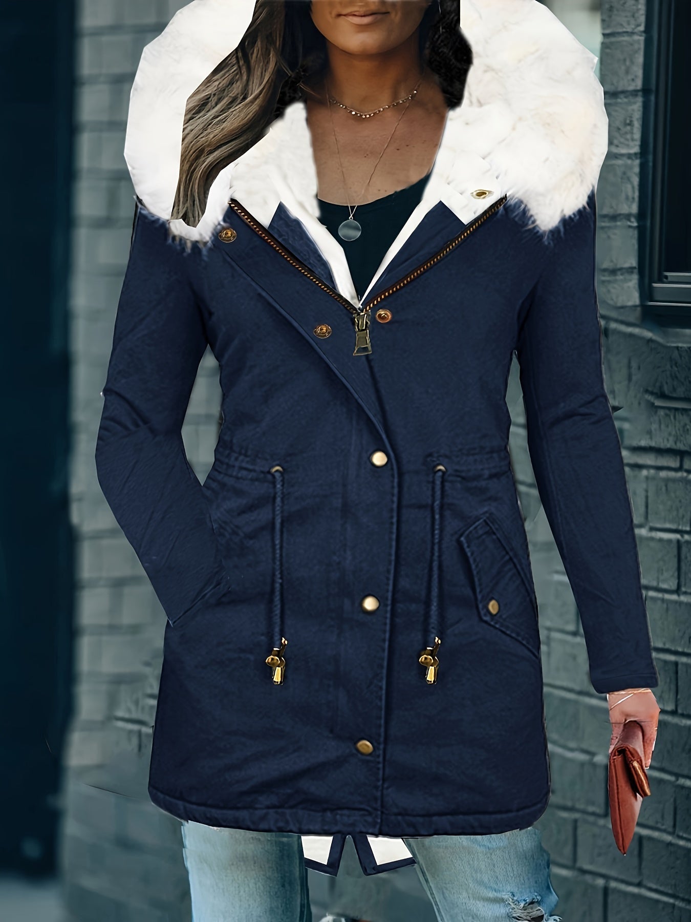 Faux Fur Hood Drawstring Parka Coat, Zip Up Button Front Pocket Thermal Overcoat, Women's Clothing