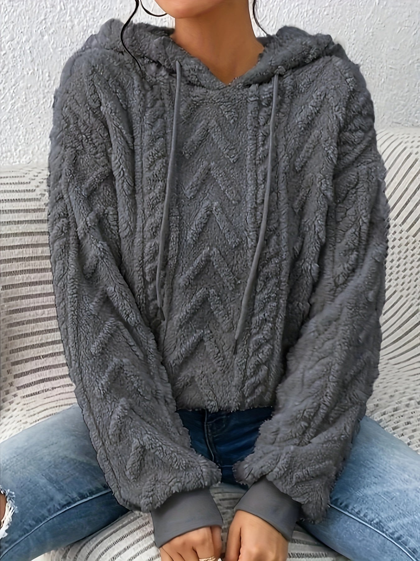 Plus Size Casual Sweatshirt, Women's Plus Solid Fleece Jacquard Long Sleeve Drawstring Hoodie