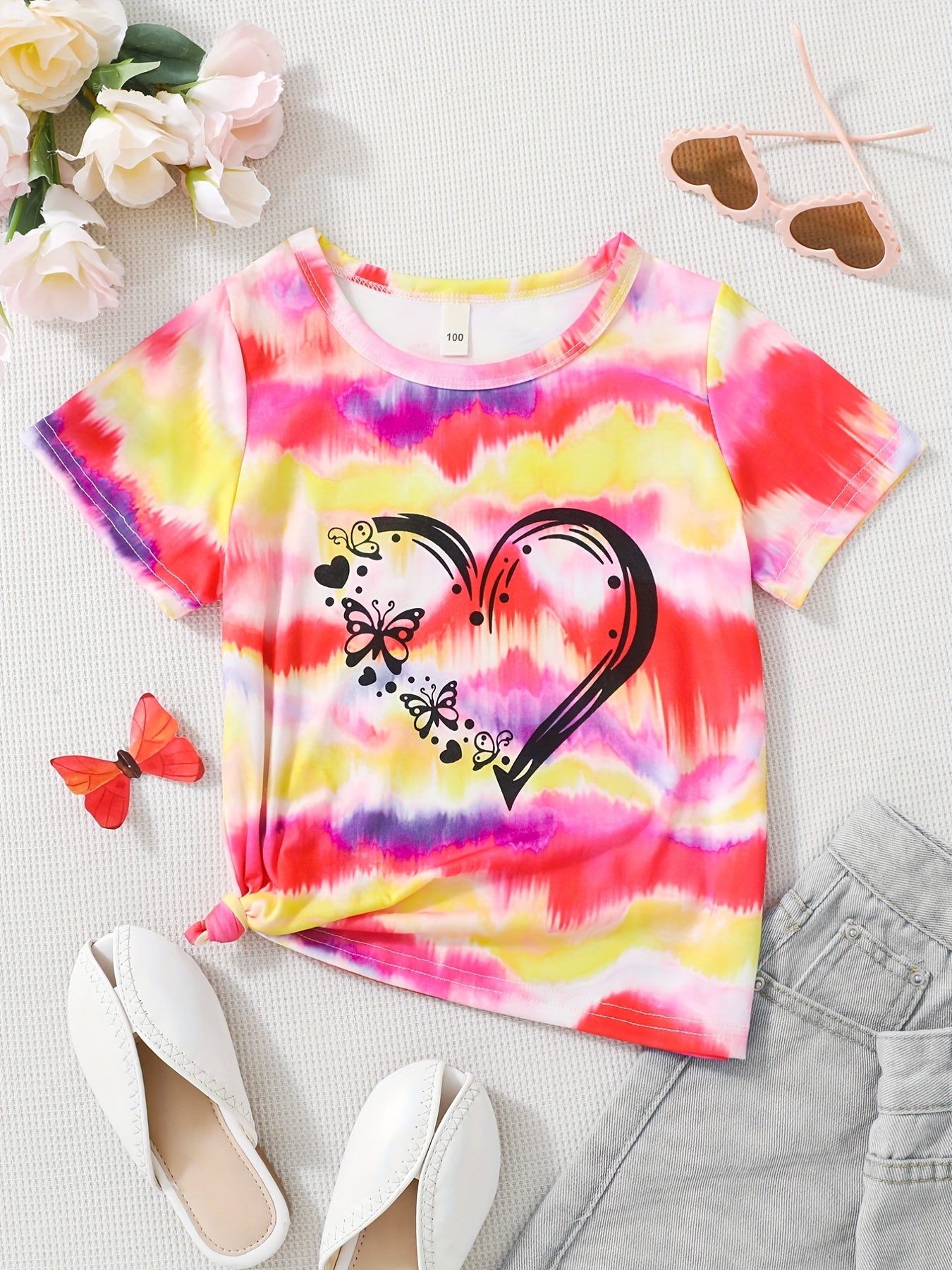 Toddler Girls Tie Dye Heart And Butterfly Graphic T-Shirt, Casual Round Neck Tees Top, Kids Summer Clothes