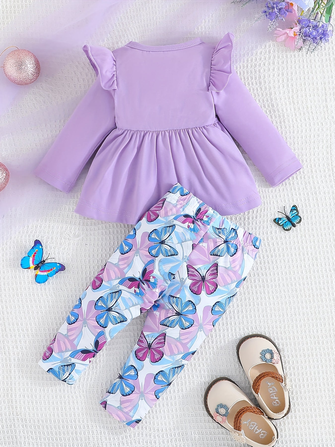 Baby Girls Bow Long Sleeve Romper + Butterfly Print Pants 2pcs Set