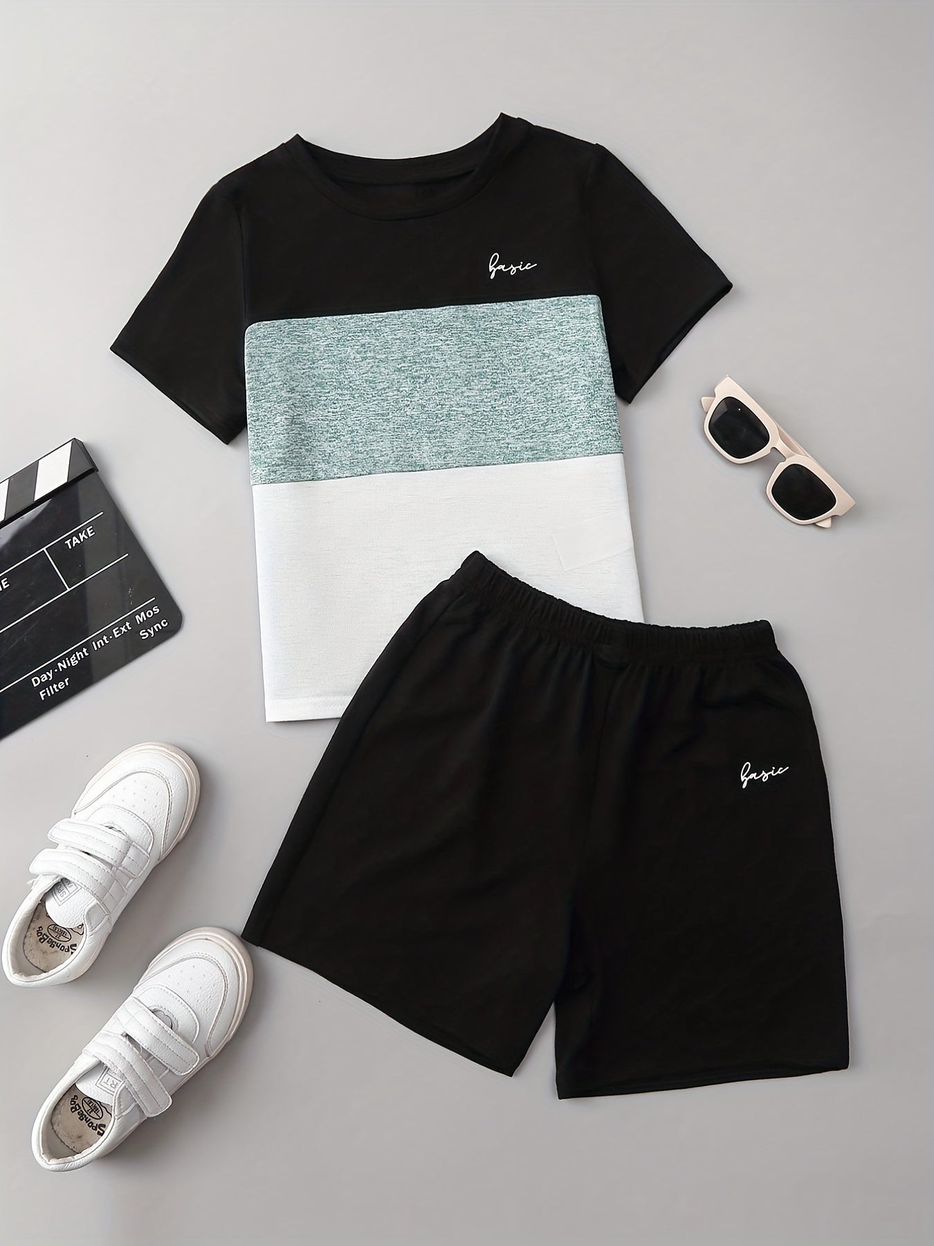 2pcs Boys Casual Color Block Short Sleeve T-shirt&Shorts Set, Comfy Summer Kids Clothing