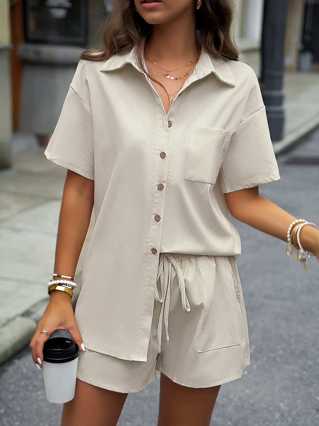 Solid Casual Two-piece Set, Button Front Turn Down Collar Mid Length Shirt & Drawstring Elastic Waist Shorts Outfits, Women's Clothing