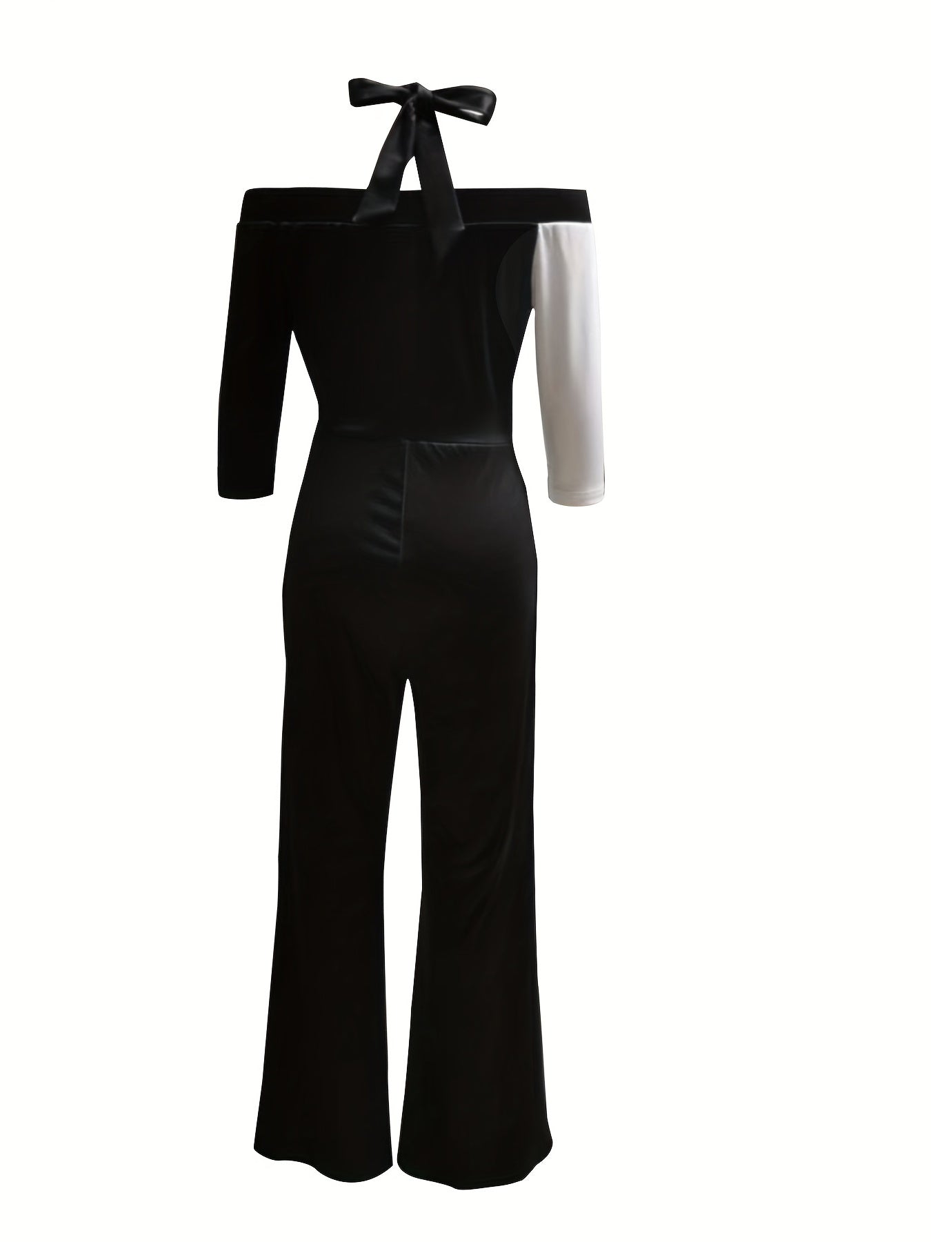 Figure Face Print Halter Neck Jumpsuit, Elegant 3/4 Sleeve Wide Leg Jumpsuit, Women's Clothing