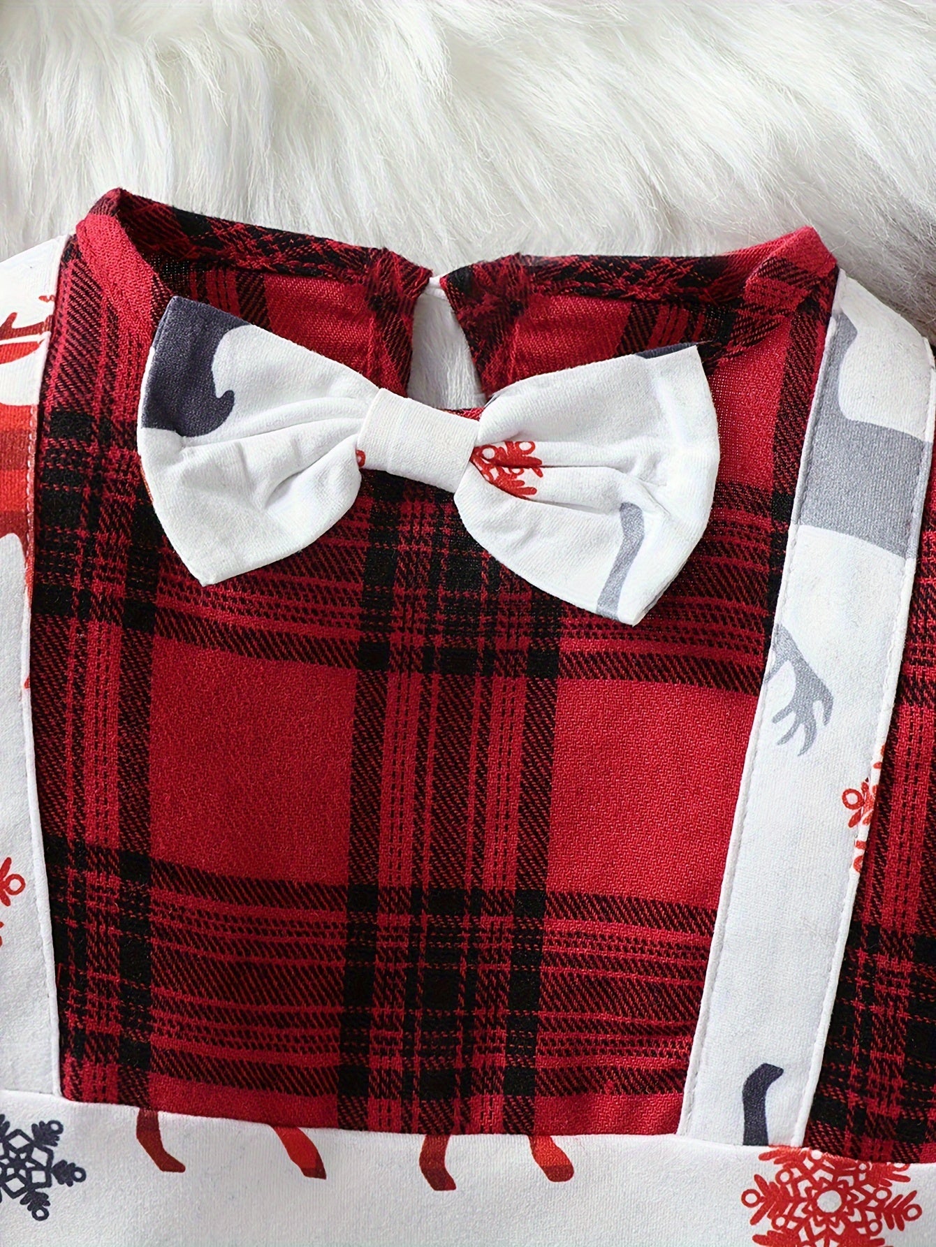 Baby Boy Long-sleeved Adorable Bow Christmas Elk Print Patchwork Plaid Jumpsuit, Kid's Party Casual Clothes