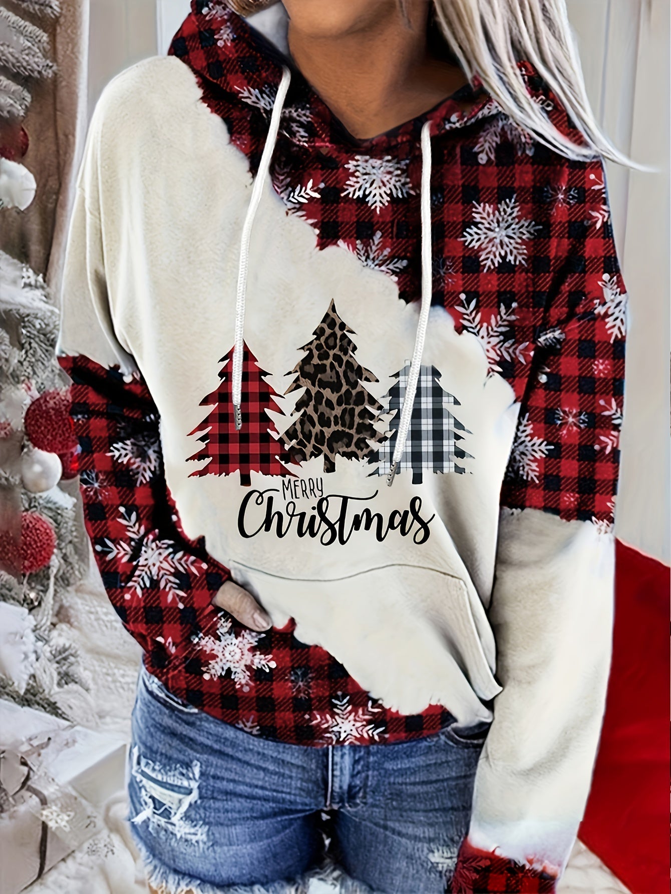 Christmas Tree Print Kangaroo Pocket Hoodie, Casual Long Sleeve Drawstring Hoodies Sweatshirt, Women's Clothing