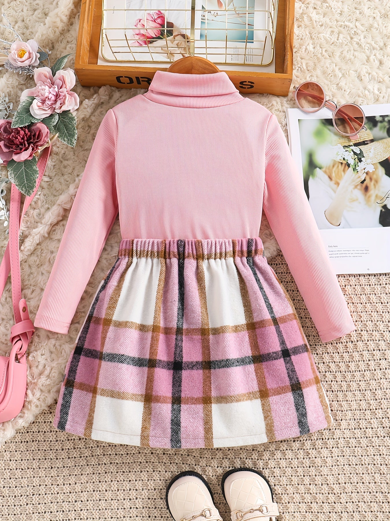 2pcs Girl's Casual Outfit, Turtleneck Top & Plaid Pattern Skirt Set, Toddler Kid's Clothes For Spring Autumn