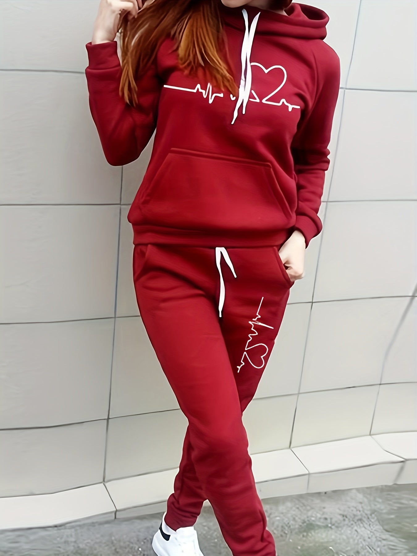 Women's 2 Pc Set, Heart & ECG Print Thermal Lined Hooded Top & Pants Set, Women's Clothing