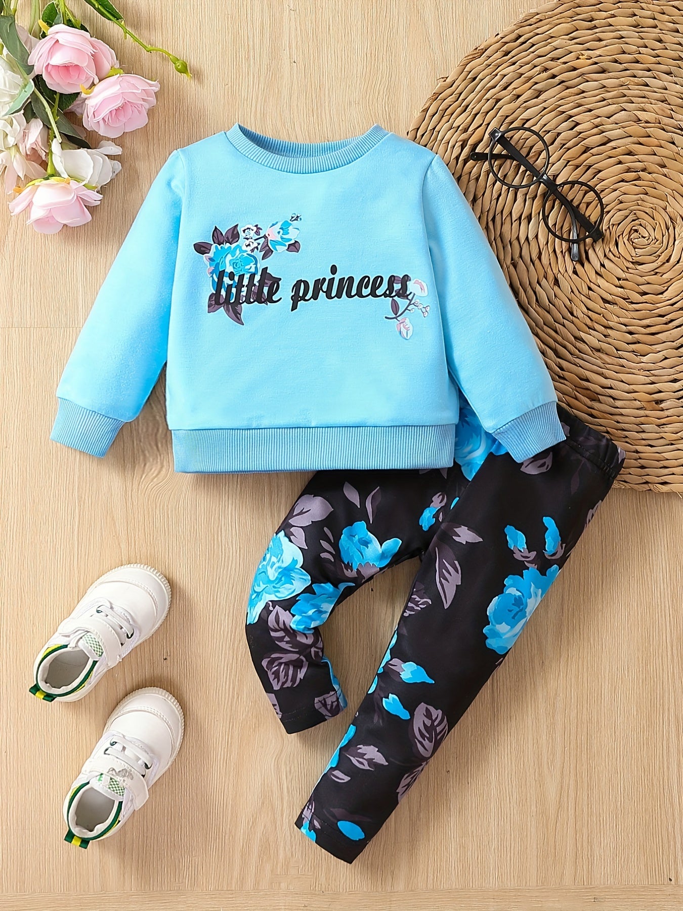 Baby Girls Trendy Casual Outfit, LITTLE PRINCESS Print Sweatshirt Floral Pants Set