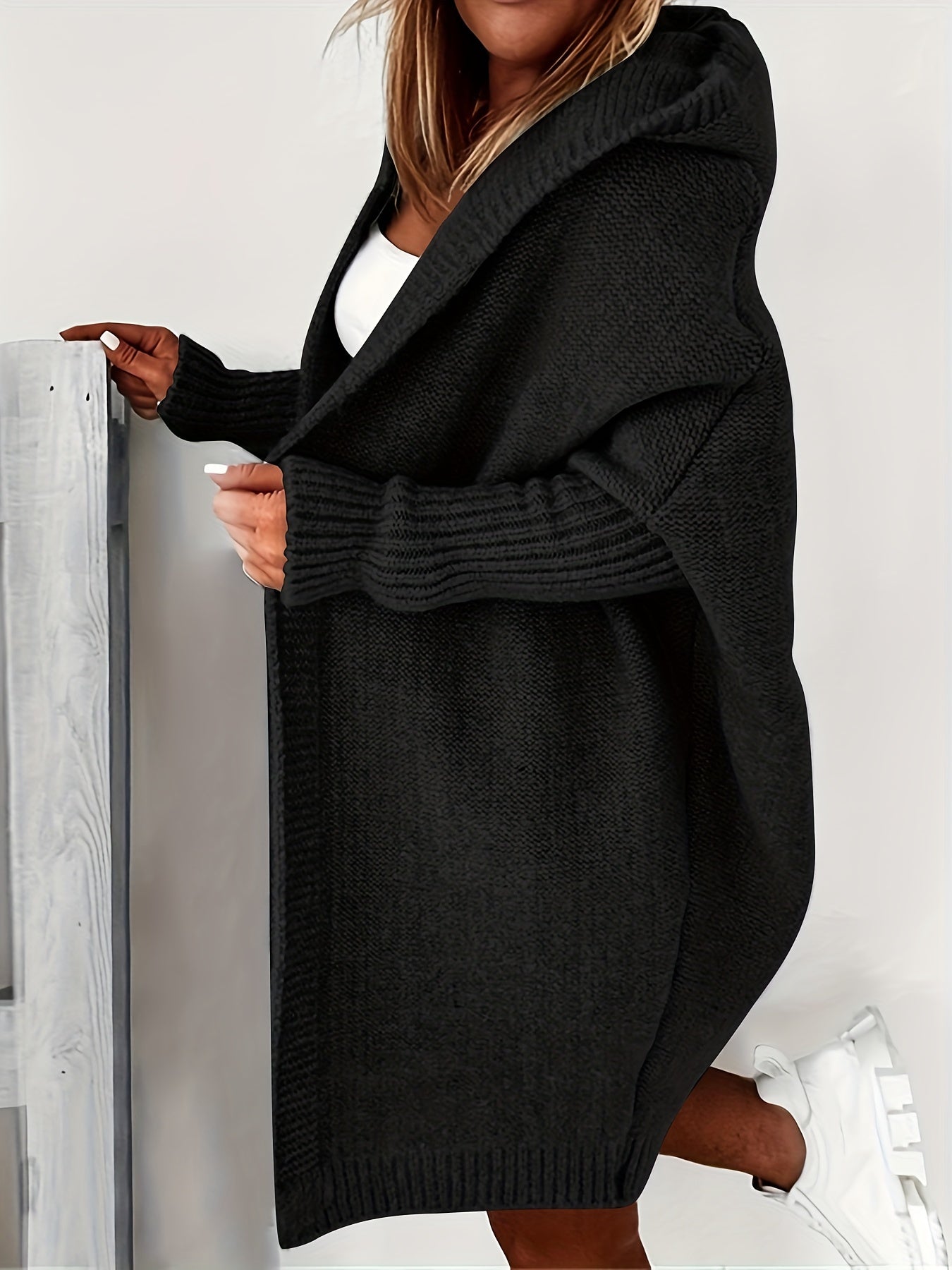 Oversized Hooded Knitted Cardigan, Long Sleeve Casual Sweater For Winter & Fall, Women's Clothing