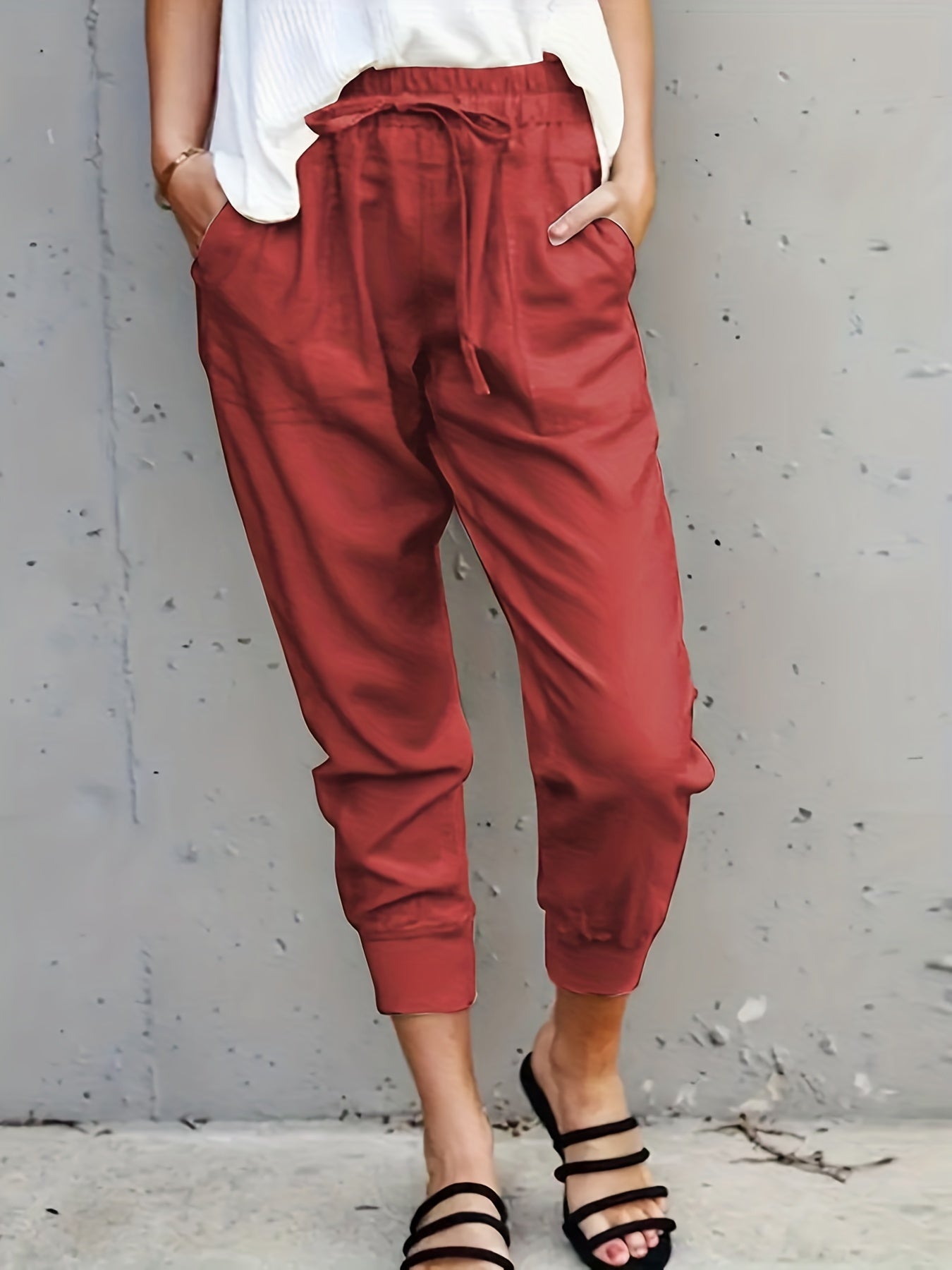 Minimalist Drawstring Waist Pants, Solid Casual Pants For Spring & Summer, Women's Clothing