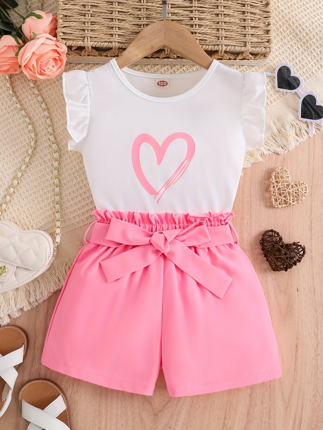 2pcs Girls Daily Casual Heart Print Crew Neck Sleeveless Top & Bow Shorts With Belt For Summer Kids Clothes