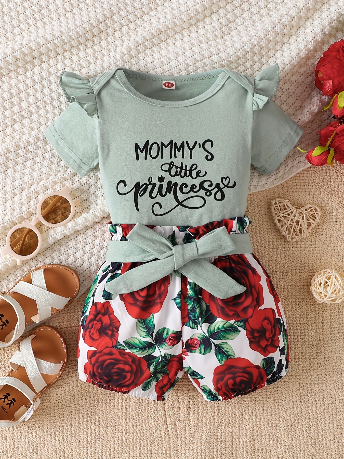 2pcs Girls MOMMY'S LITTLE PRINCESS Letter Print Short Sleeve Round Neck Top And Floral Print Shorts Set, Cotton Summer Casual Clothes