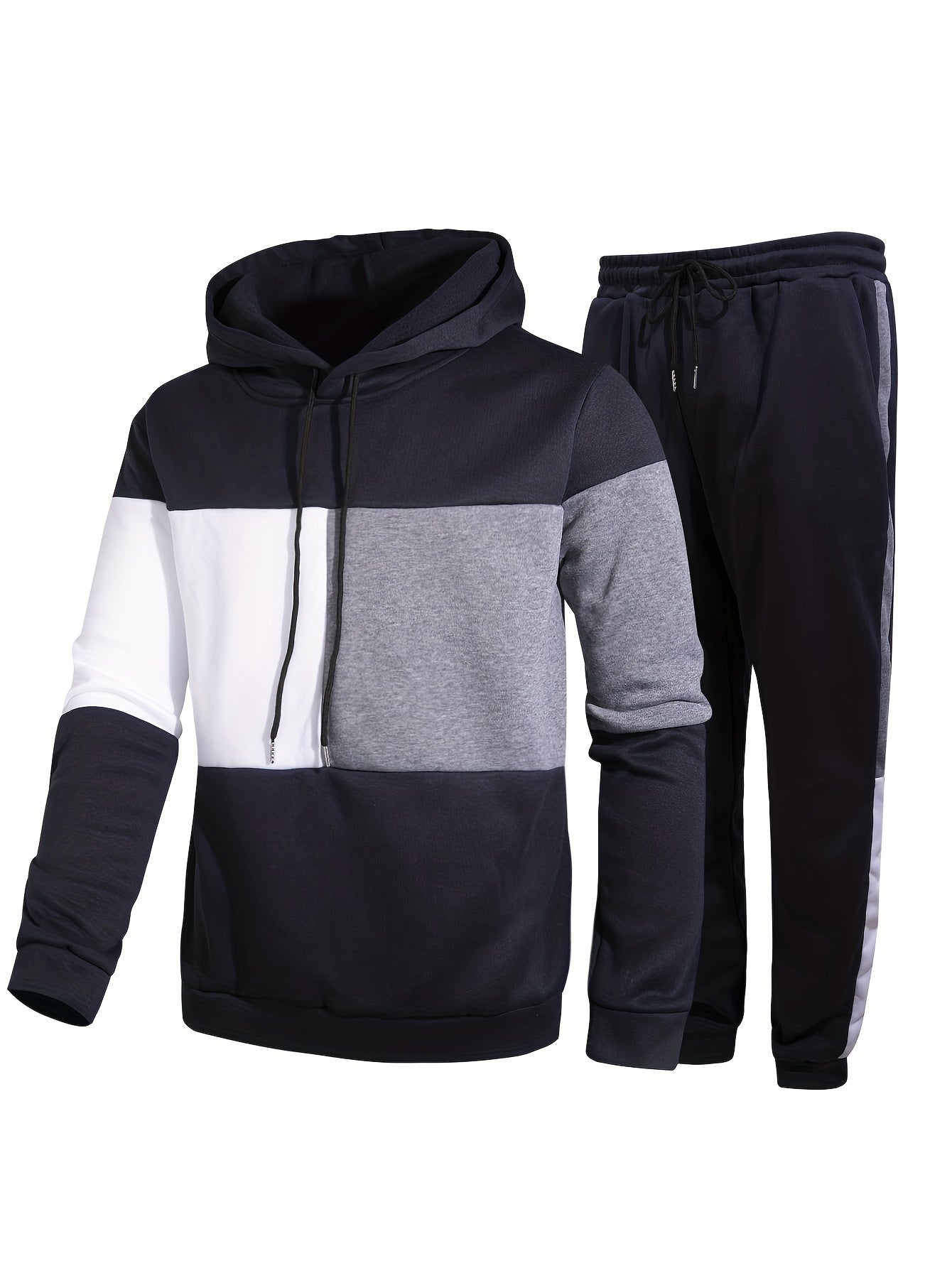 Men's Colorblock Hooded Sweatshirt Casual Outfit Set, 2 Pieces Long Sleeve Pullover Hoodies And Drawstring Sweatpants