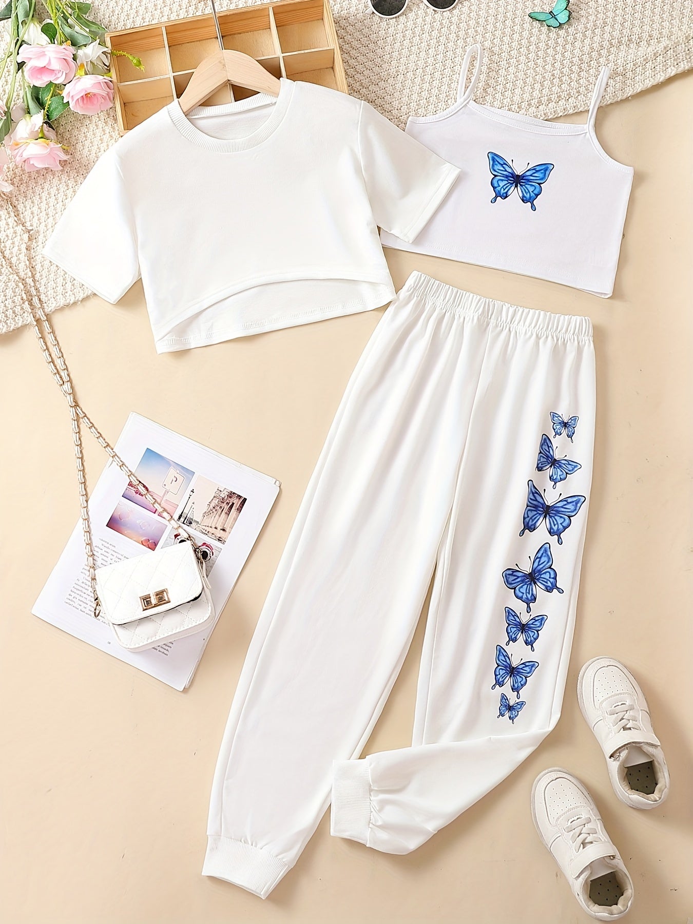 Girls' 3pcs Butterfly Graphic Casual Suit:  Camisole, Short Sleeve T-Shirt Cover Up And Pants Set Kids Sports Leisure Suits Outfit