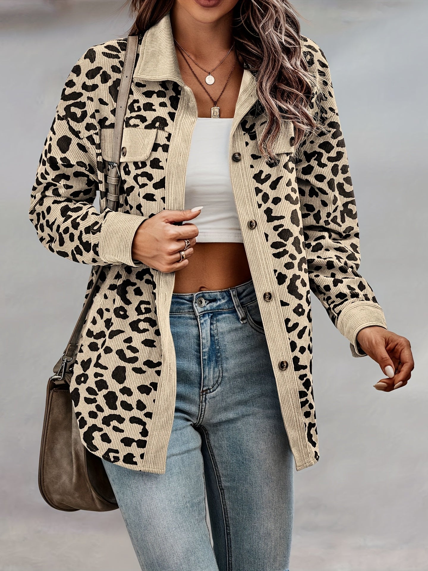 Leopard Print Shacket Jacket, Casual Button Front Turn Down Collar Long Sleeve Outerwear, Women's Clothing