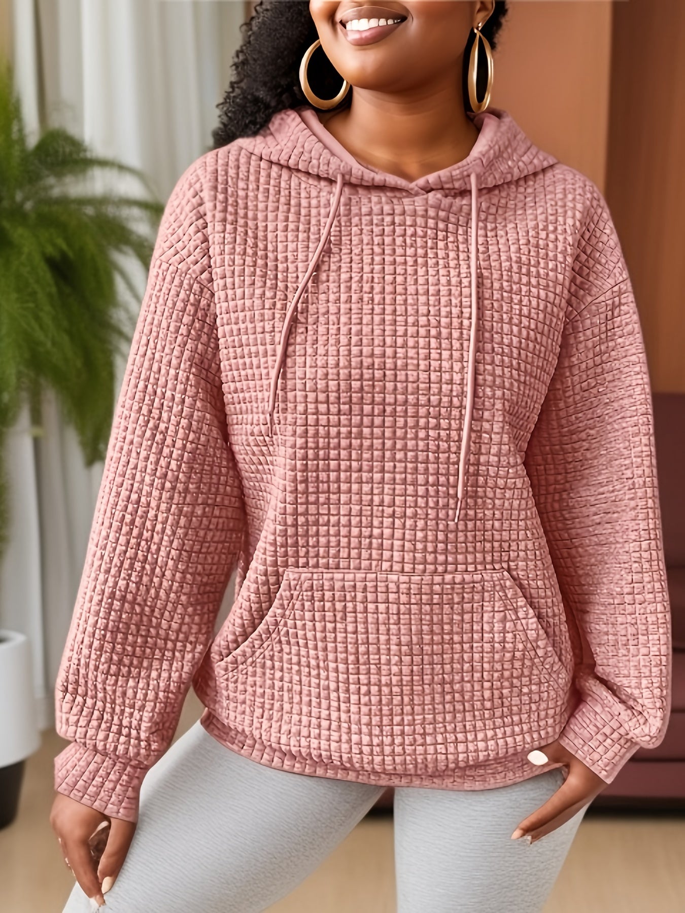 Plus Size Casual Sweatshirt, Women's Plus Solid Waffle Knit Long Sleeve Drawstring Hoodie With Giant Pocket