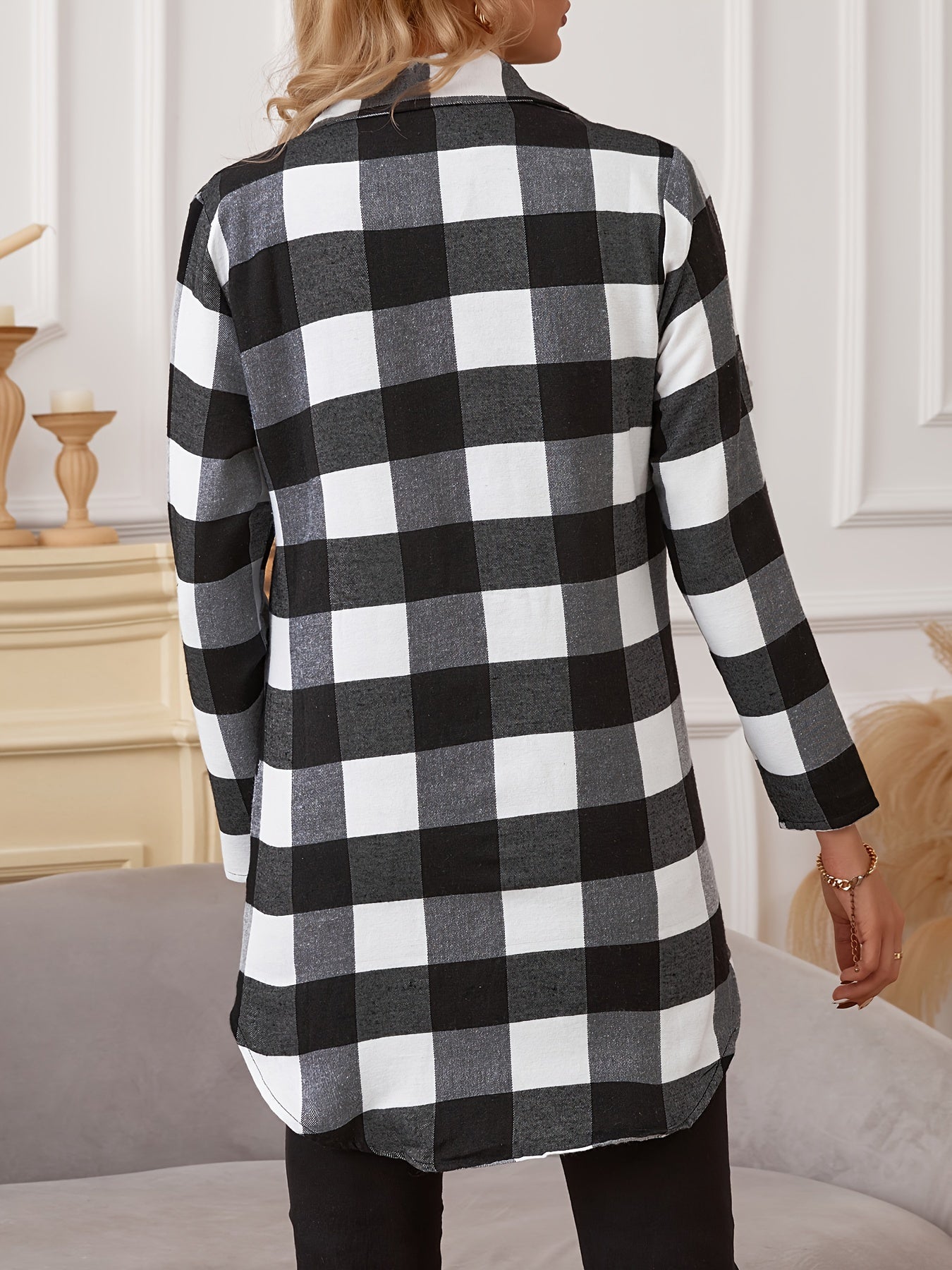 Plaid Print Long Length Shirt, Casual Button Front Long Sleeve Shirt, Women's Clothing