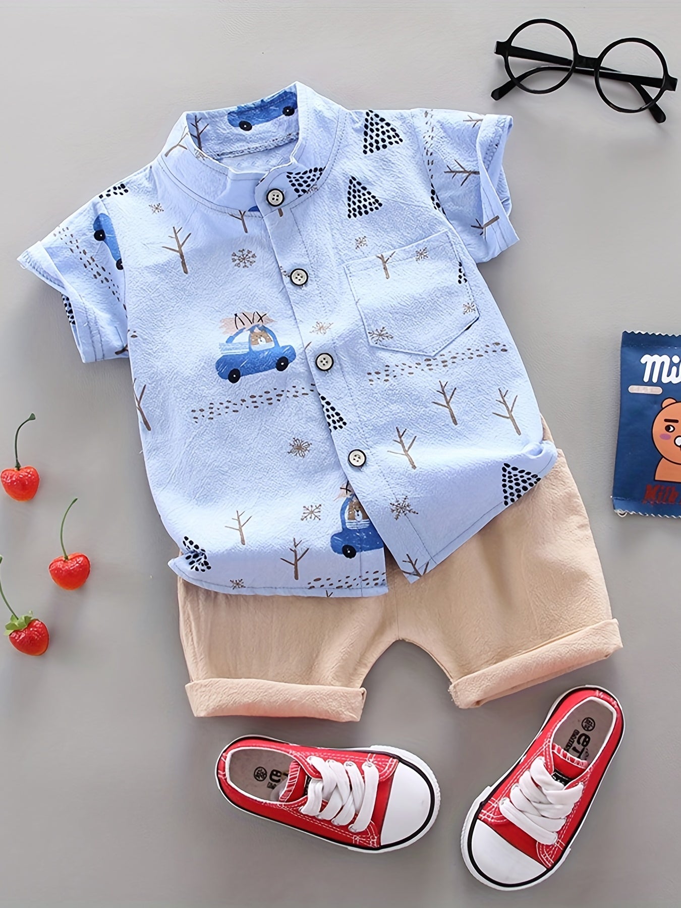 Cute Summer Outfit For Boys: 2pcs Cartoon Print Shirt & Elastic Waist Shorts Set