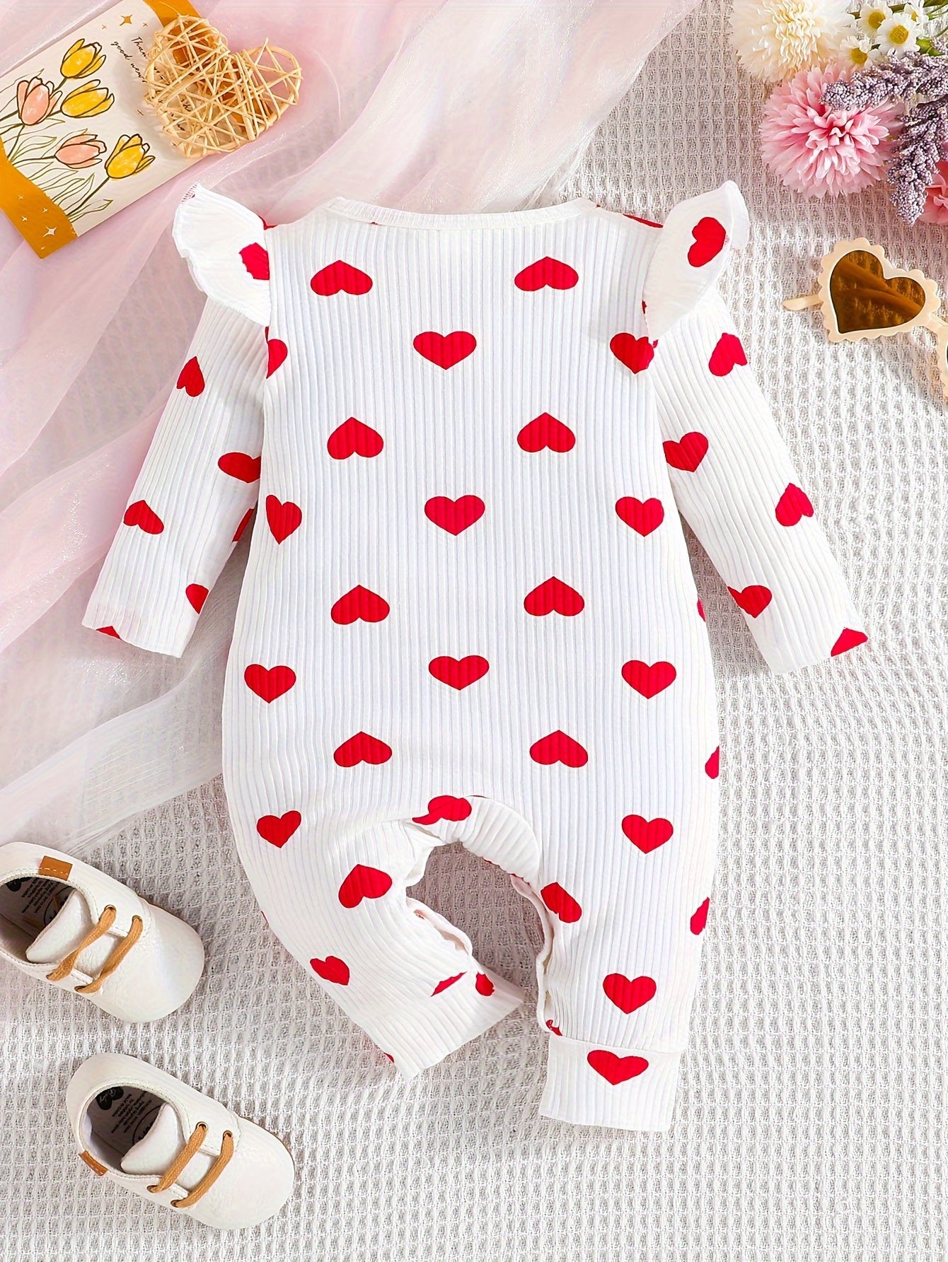 Baby Girls Cute Floral/fruit/heart Graphic Print Ruffle Trim Long Sleeve Romper Jumpsuit Clothes