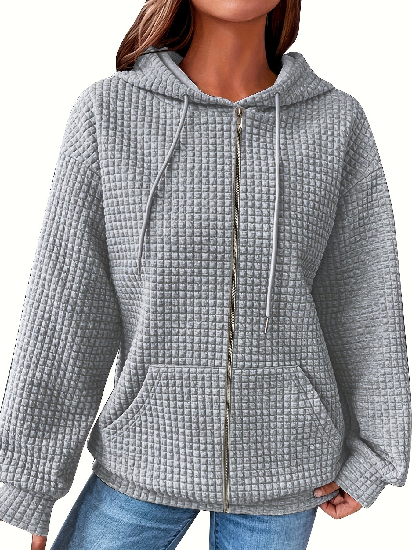 Plus Size Casual Coat, Women's Plus Solid Waffle Long Sleeve Hooded Drawstring Sweatshirt Coat With Pockets