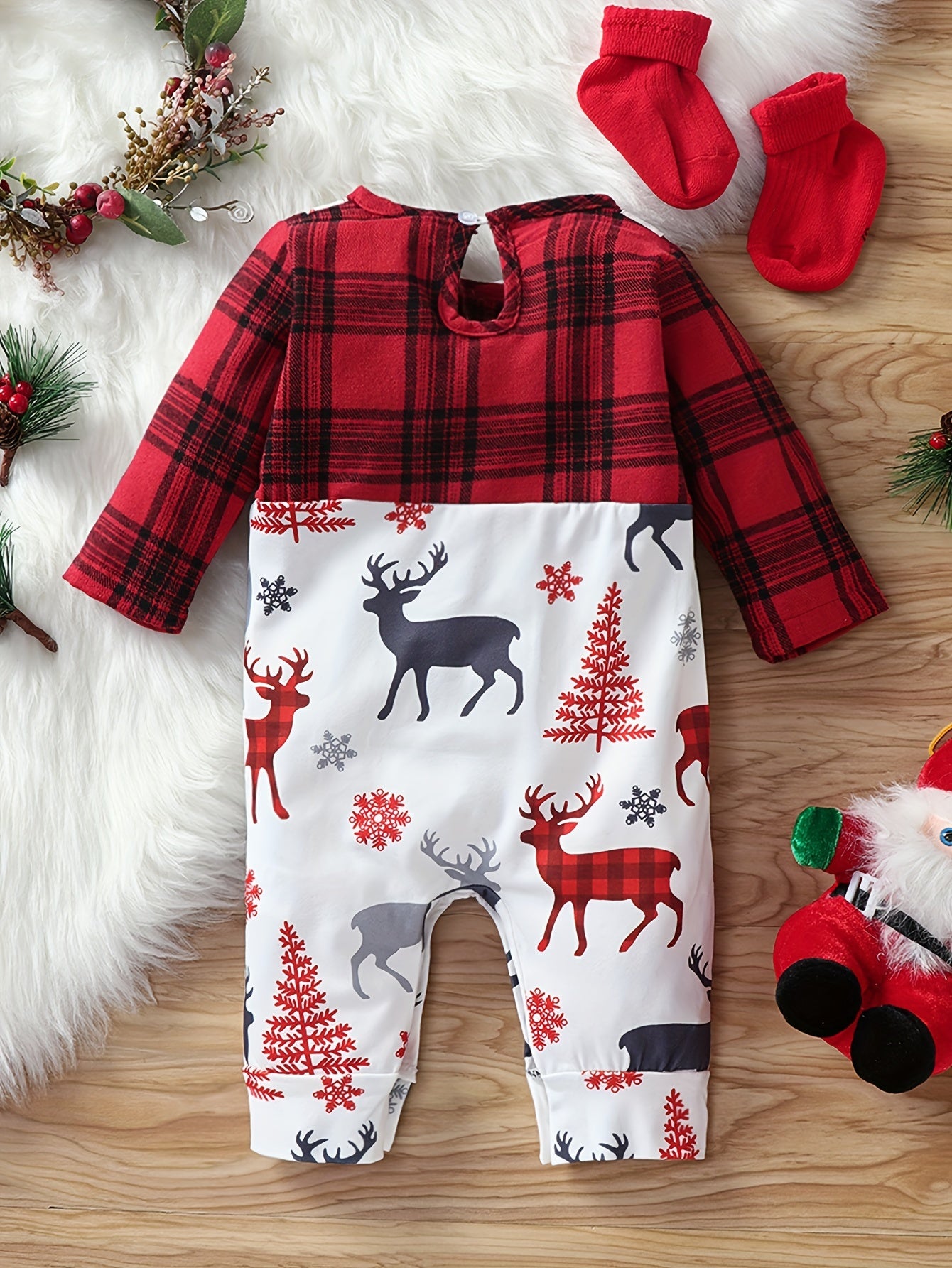 Baby Boy Long-sleeved Adorable Bow Christmas Elk Print Patchwork Plaid Jumpsuit, Kid's Party Casual Clothes