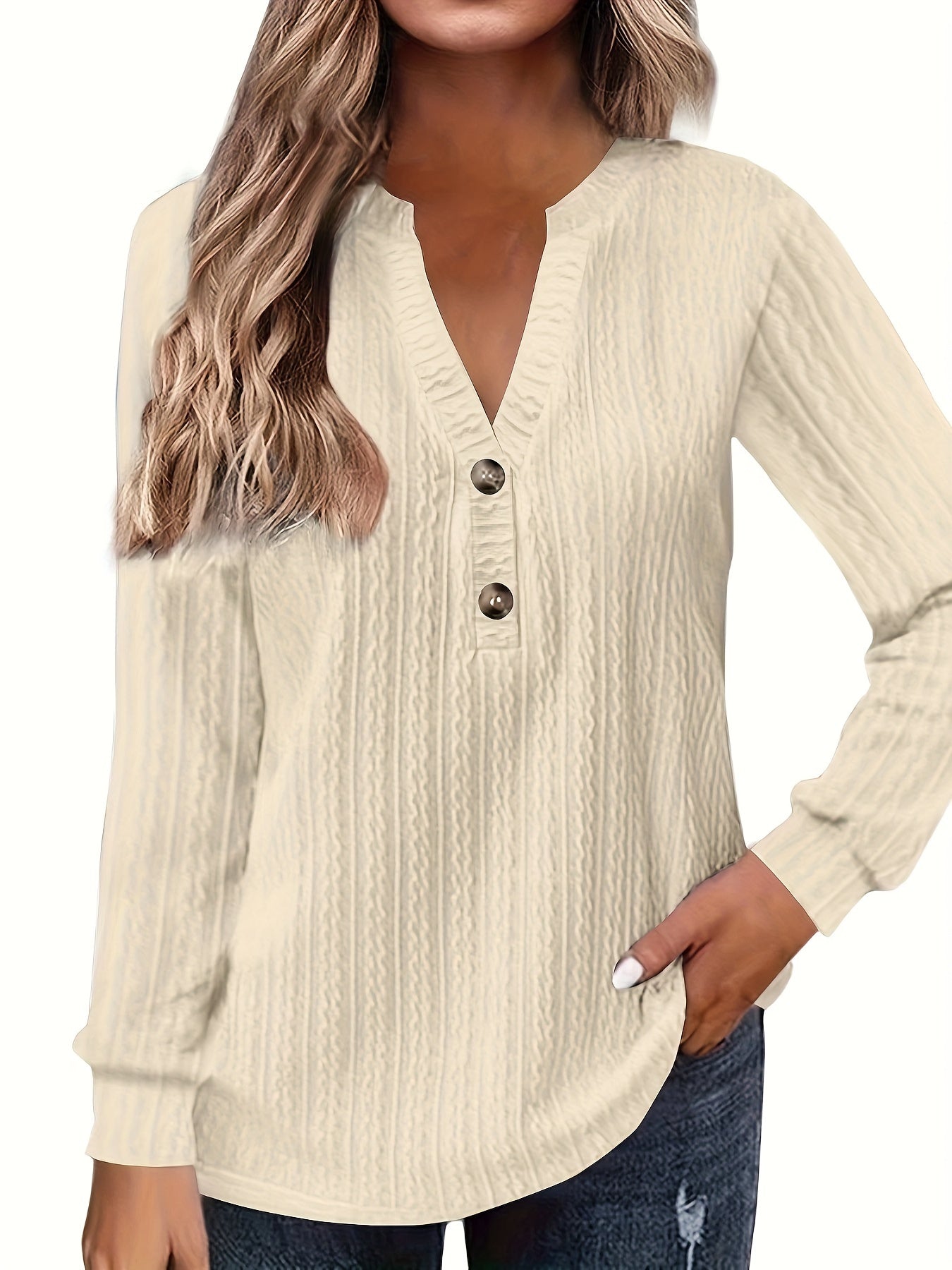 Plus Size Casual Top, Women's Plus Solid Cable Long Sleeve Button Decor V Neck Slight Stretch Top