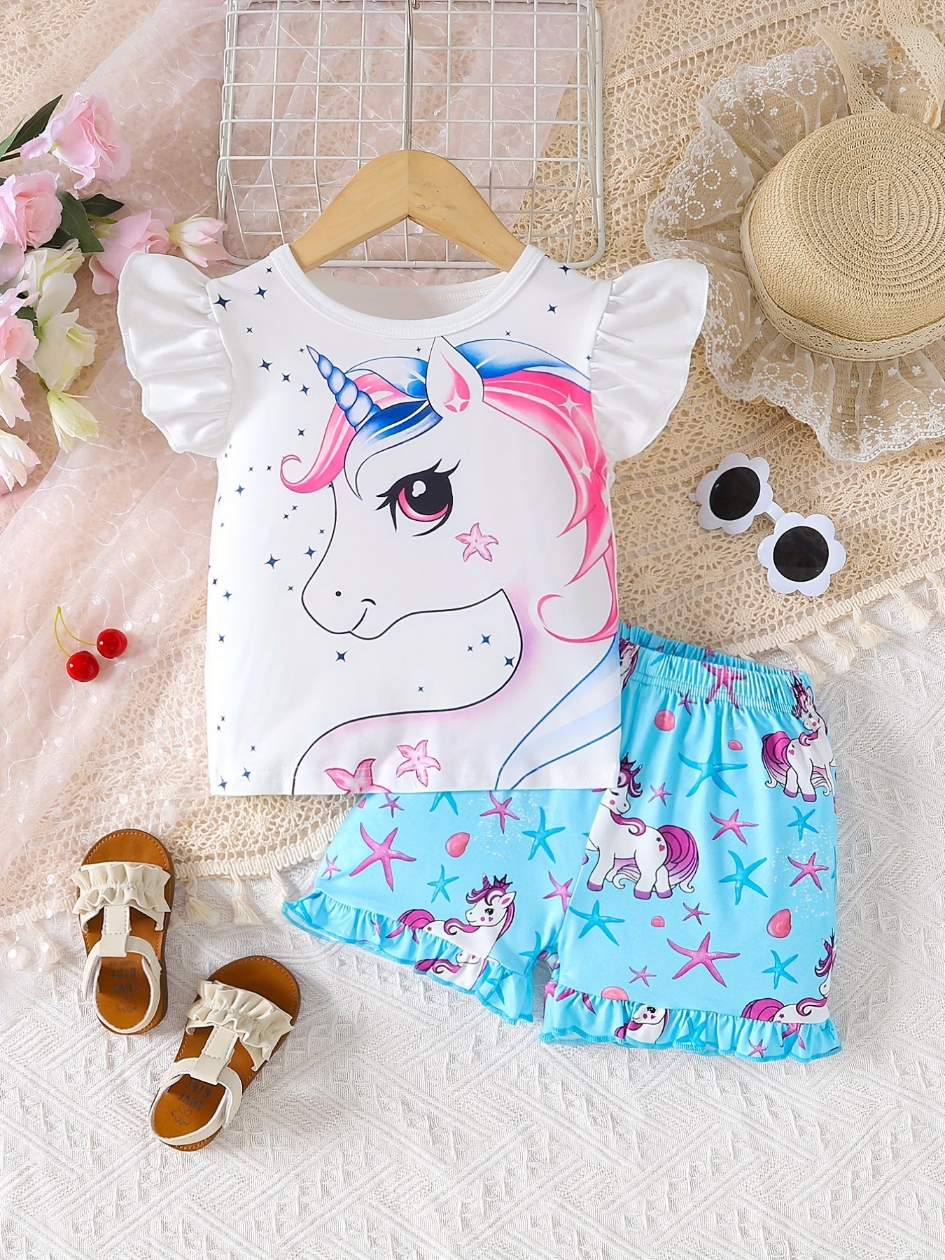 2pcs Girls Ruffle Trim Cute Cartoon Unicorn Graphic T-shirt Top & Ruffled Hem Elastic Waist Shorts Set Kids Summer Clothes