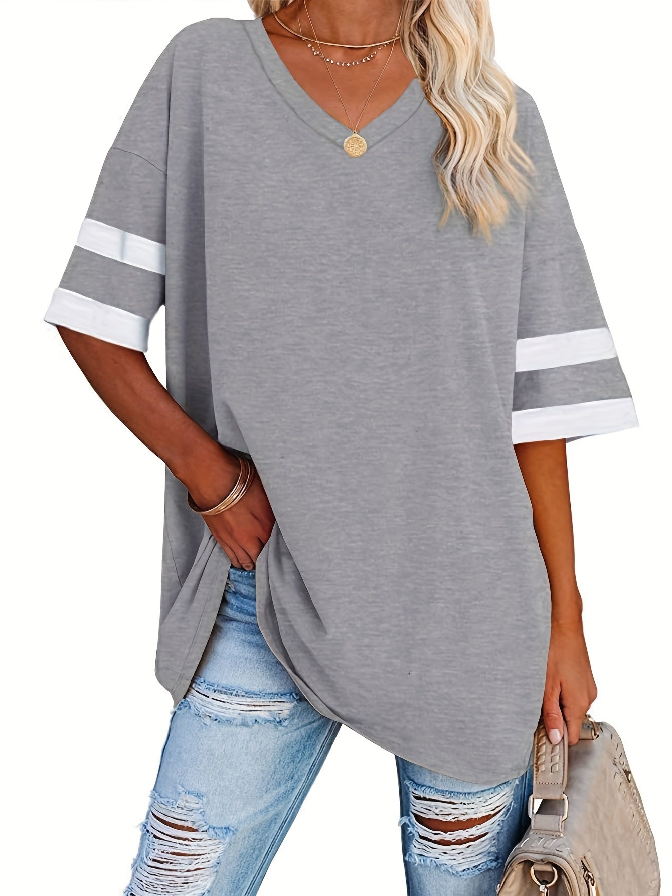 Plus Size Casual T-shirt, Women's Plus Colorblock Drop Shoulder Short Sleeve V Neck Slight Stretch Oversized T-shirt